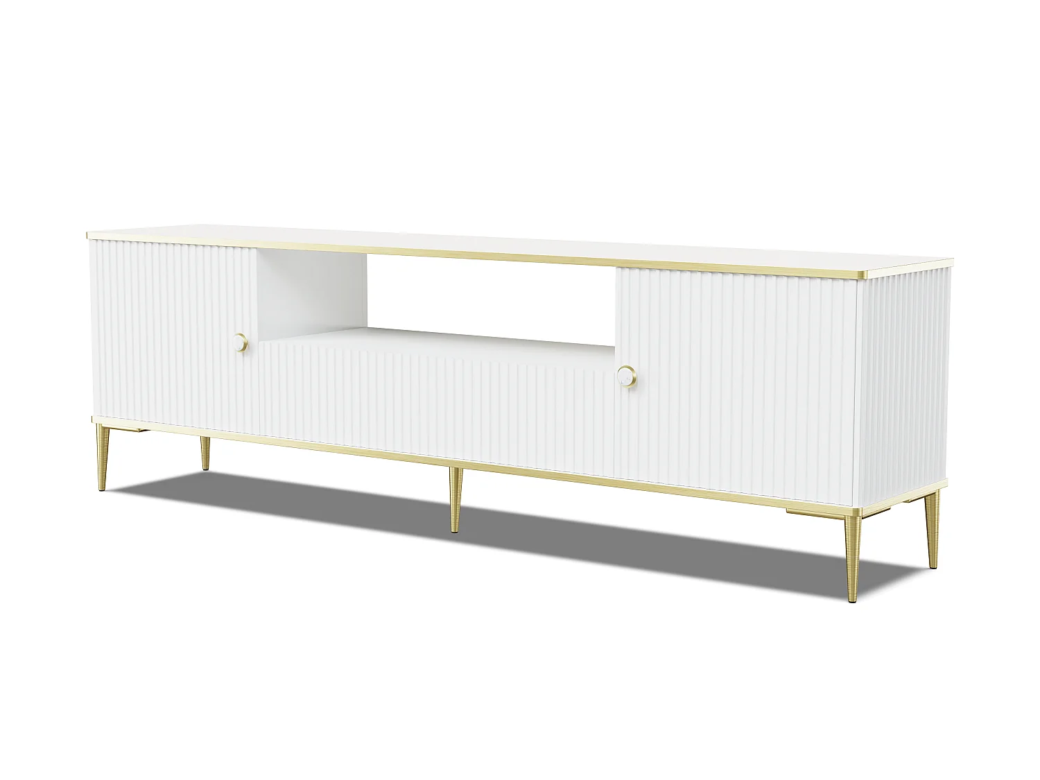Meuble TV PETRA 180 cm 2D1S blanc mat avec pieds dorés