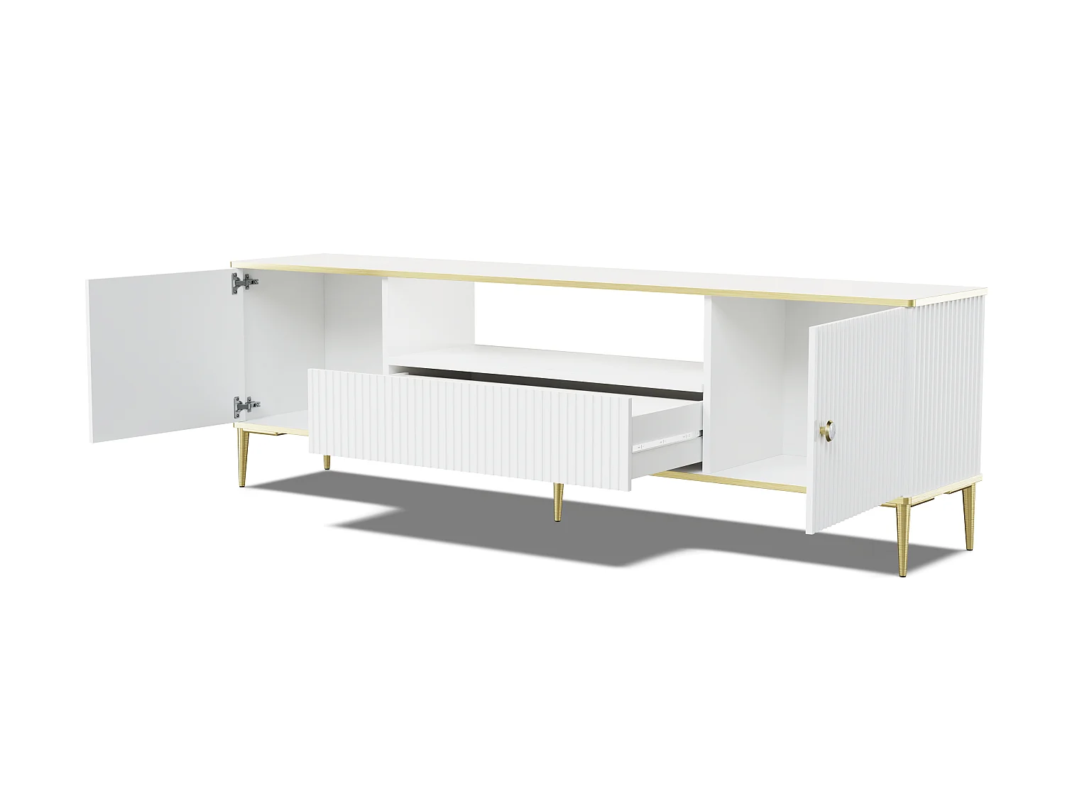 Mueble de TV PETRA 180 cm 2D1S blanco mate con patas doradas