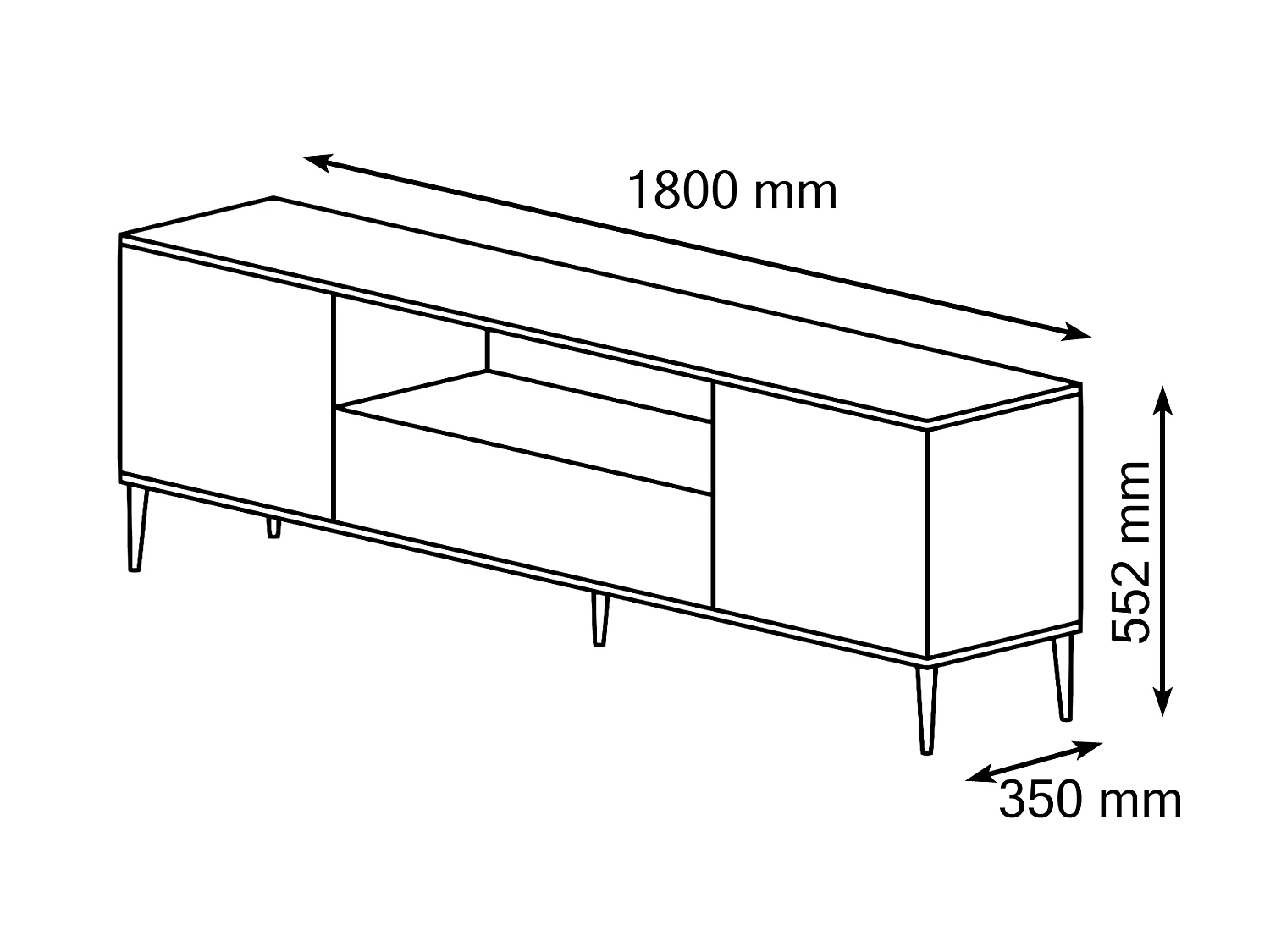 Mueble de TV PETRA 180 cm 2D1S blanco mate con patas doradas