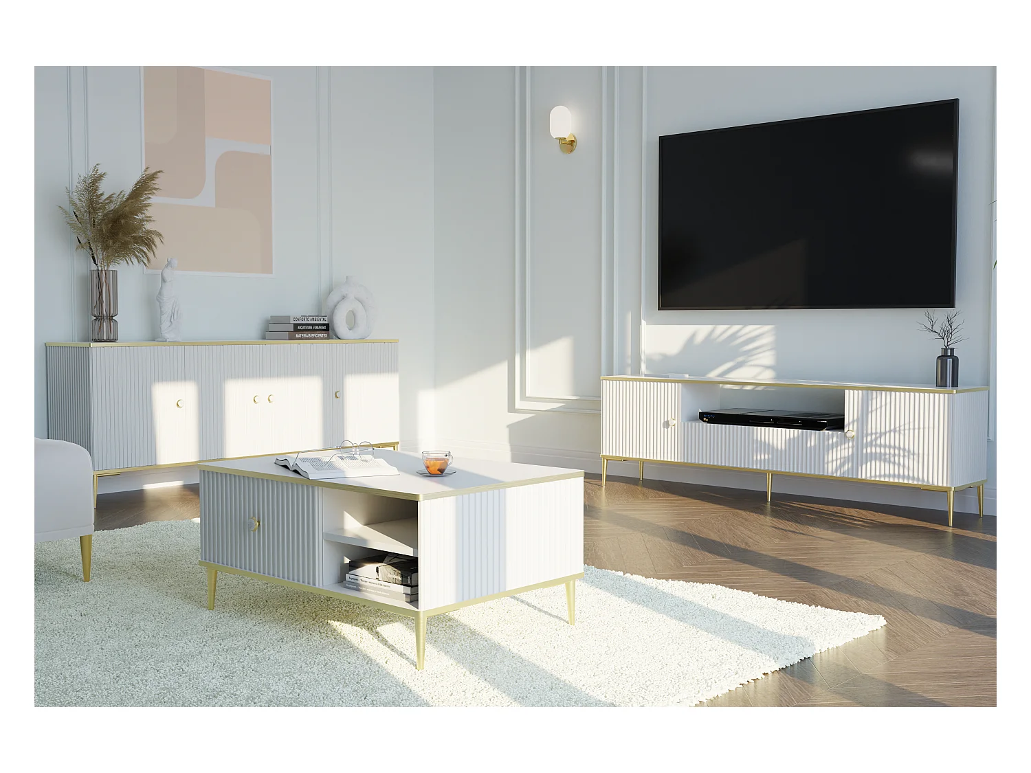 Mueble de TV PETRA 180 cm 2D1S blanco mate con patas doradas
