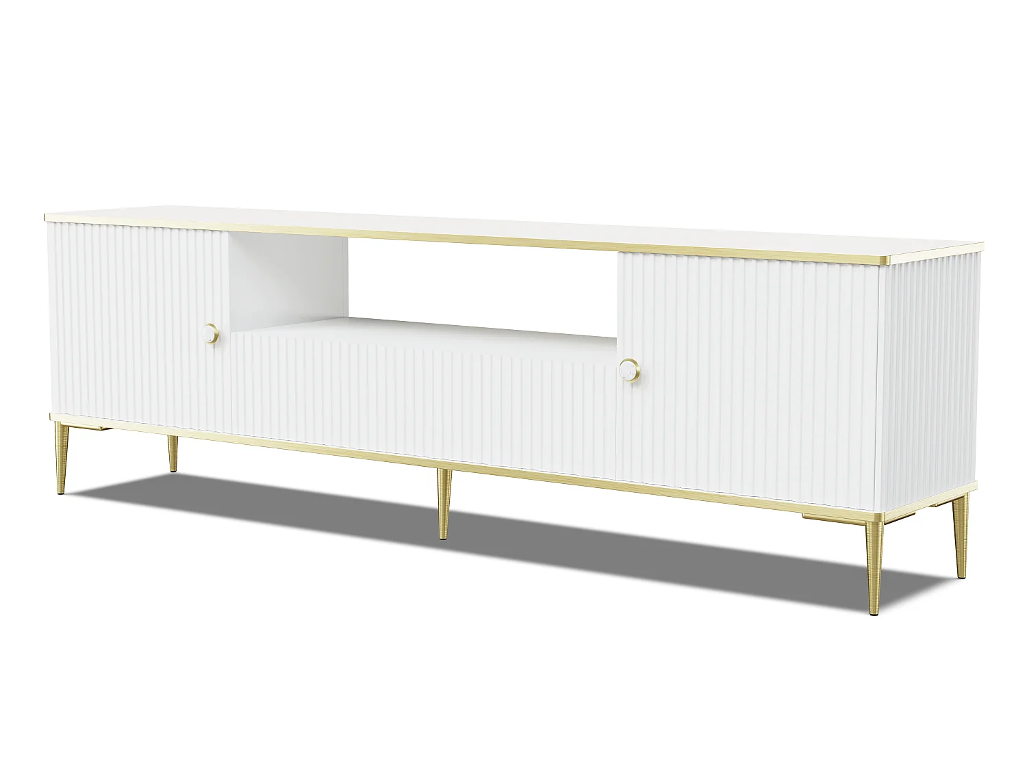 Meuble TV PETRA 180 cm 2D1S blanc mat avec pieds dorés