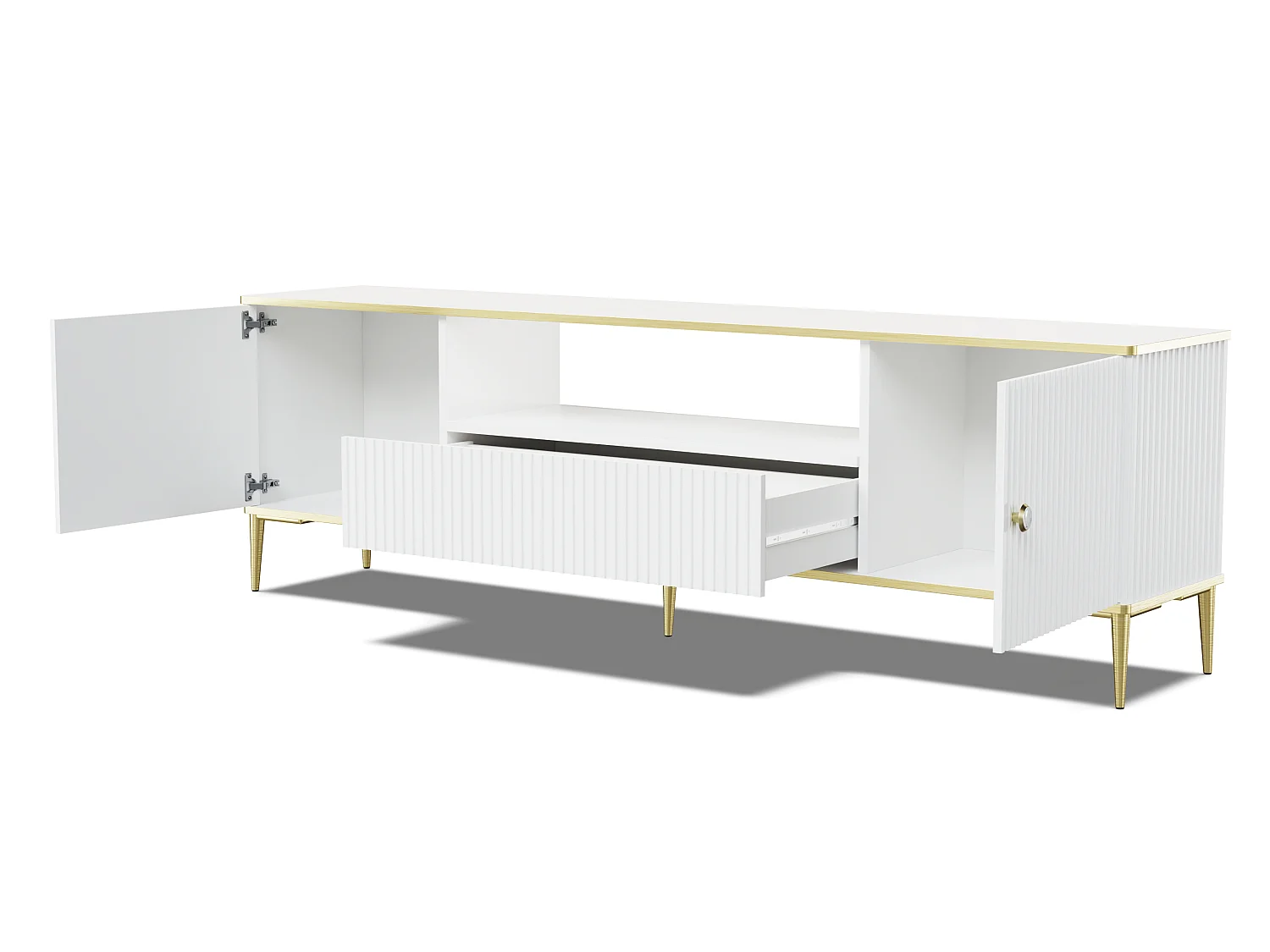 Meuble TV PETRA 180 cm 2D1S blanc mat avec pieds dorés