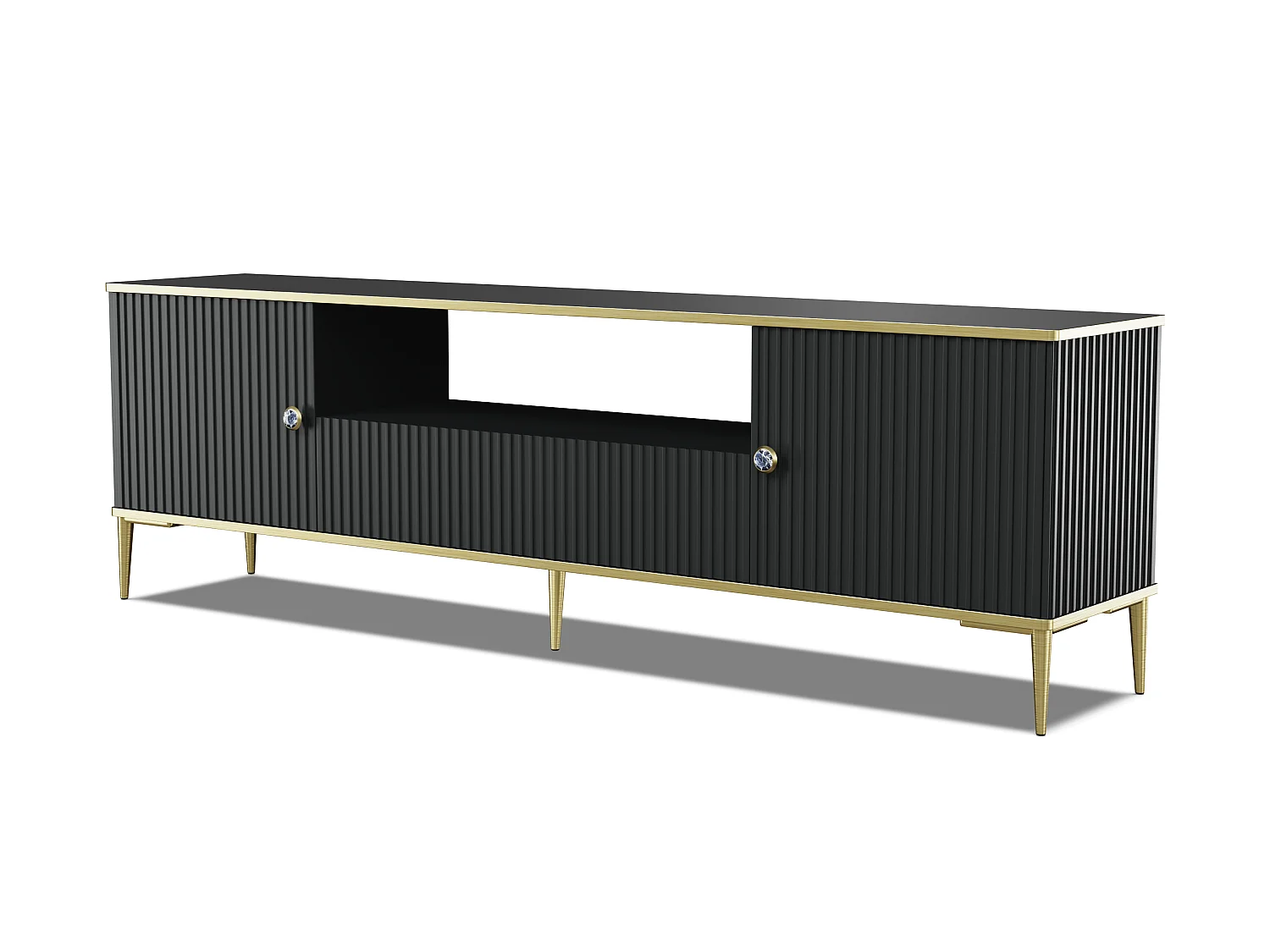 Meuble TV PETRA 180 cm 2D1S noir mat avec pieds dorés