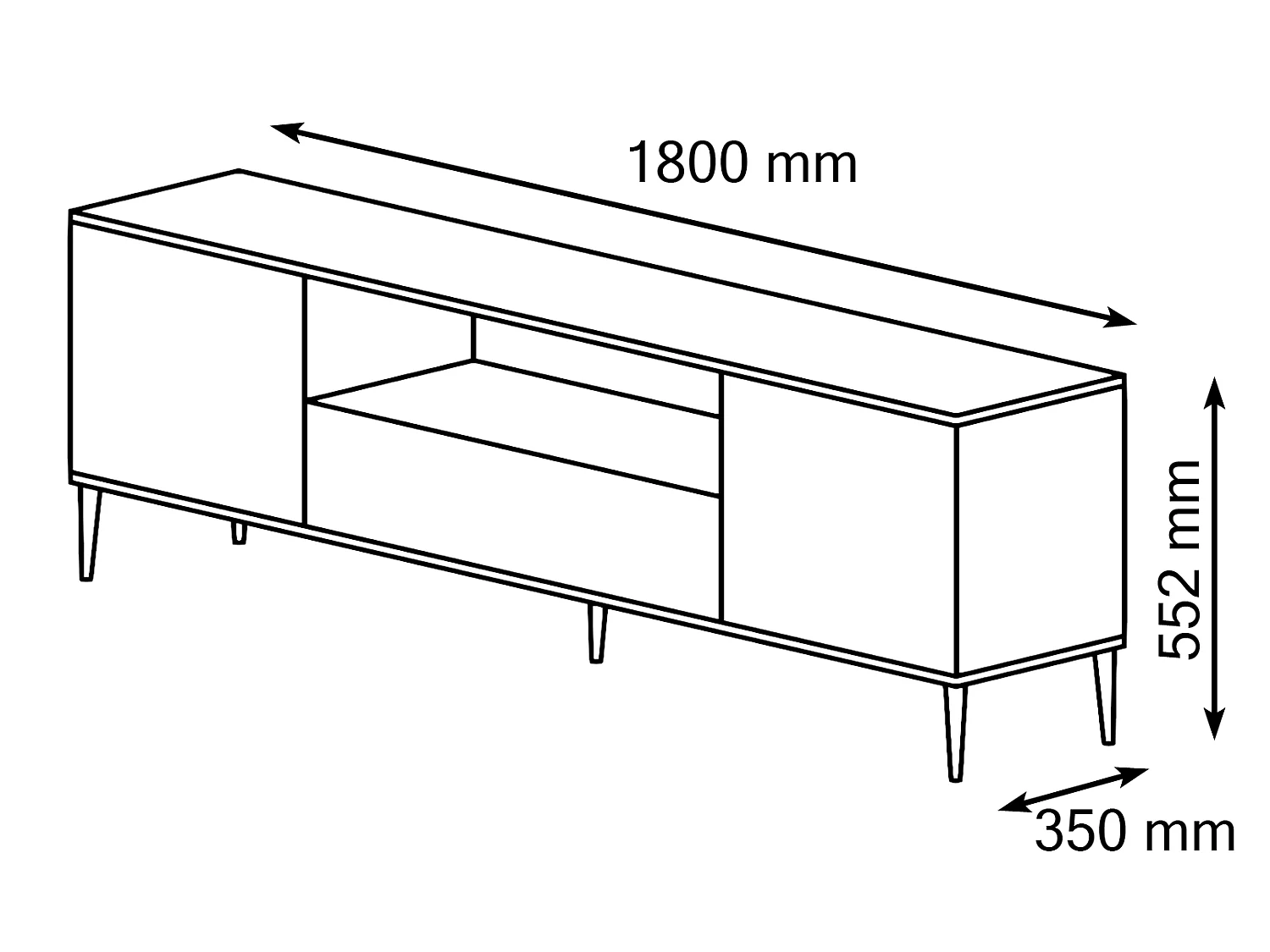 Meuble TV PETRA 180 cm 2D1S noir mat avec pieds dorés
