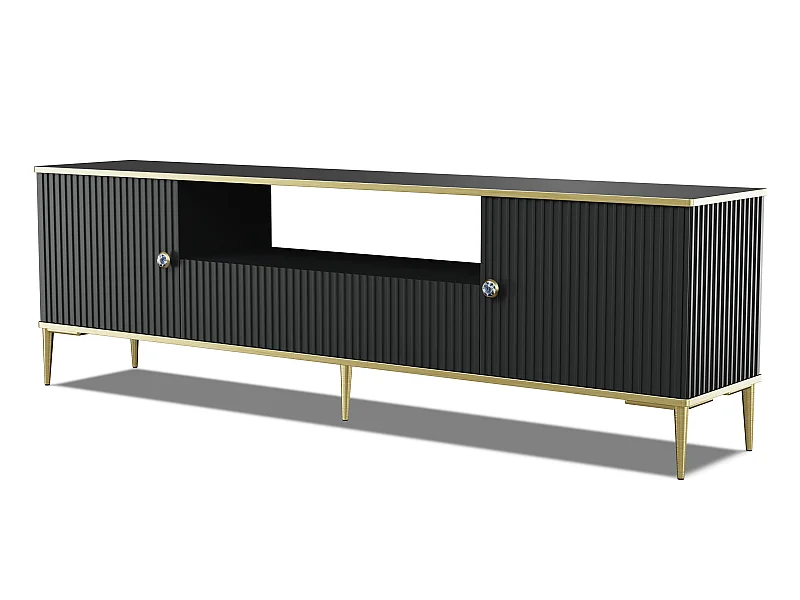 Mueble de TV PETRA 180 cm 2D1S negro mate con patas doradas