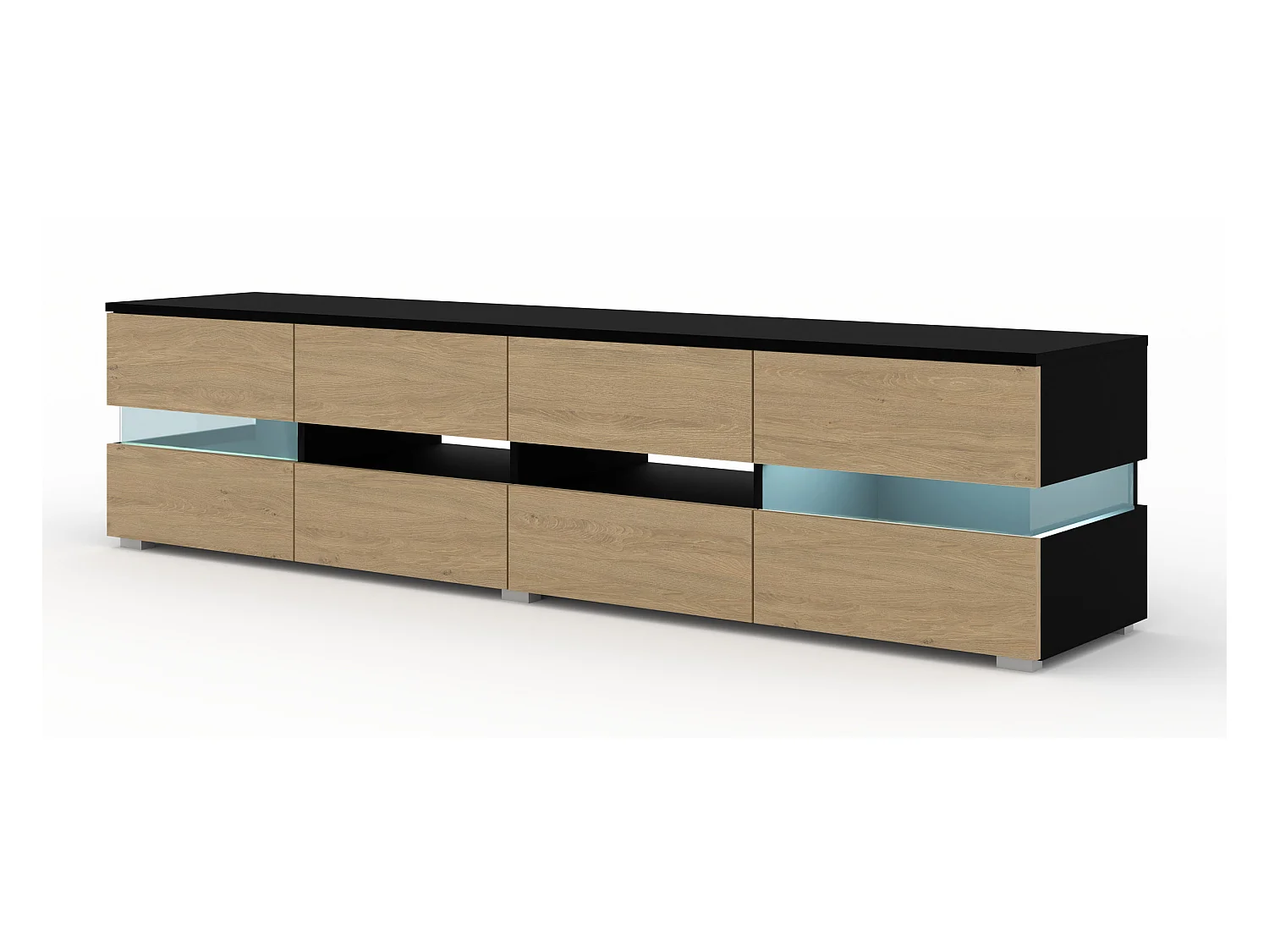 Meuble TV VIPER 186 cm panneau MDF noir mat / chêne stone + éclairage LED