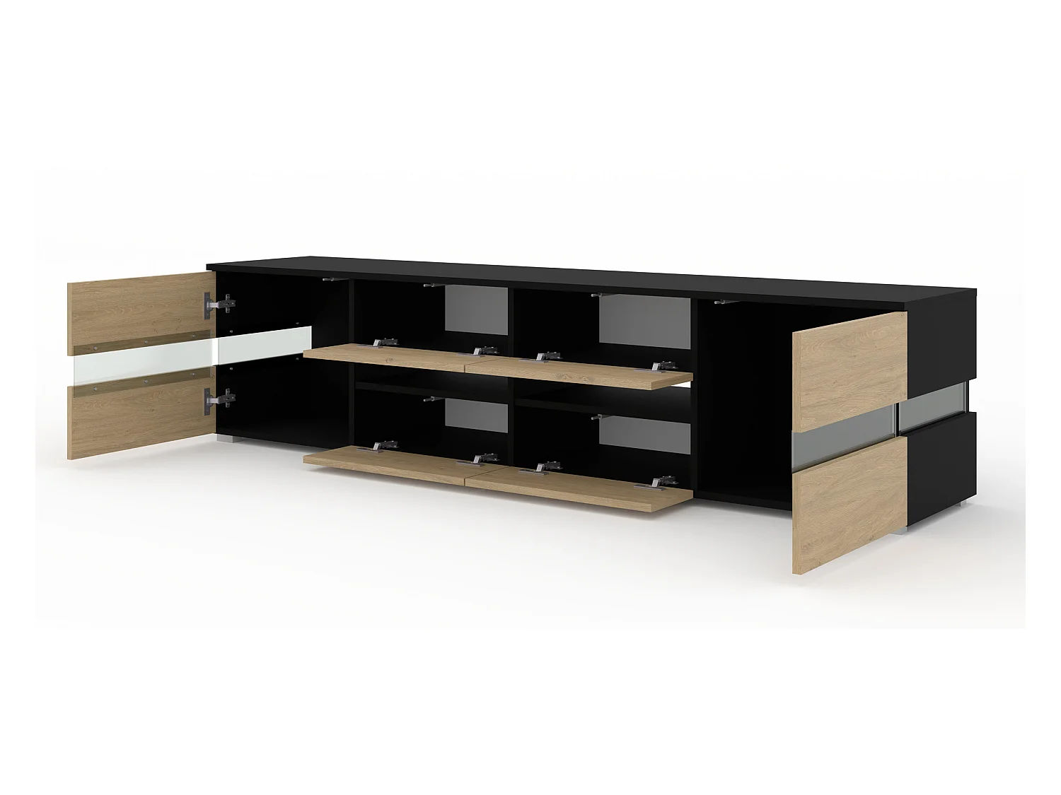 Meuble TV VIPER 186 cm panneau MDF noir mat / chêne stone + éclairage LED