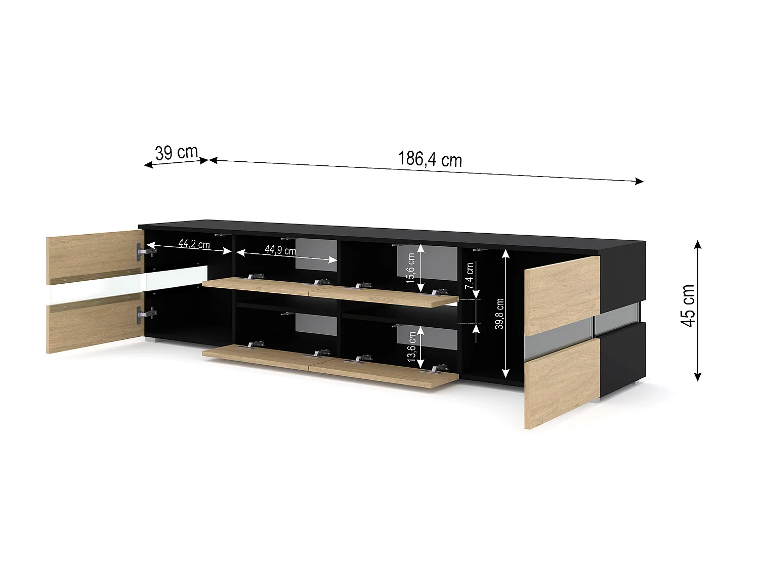 Meuble TV VIPER 186 cm panneau MDF noir mat / chêne stone + éclairage LED