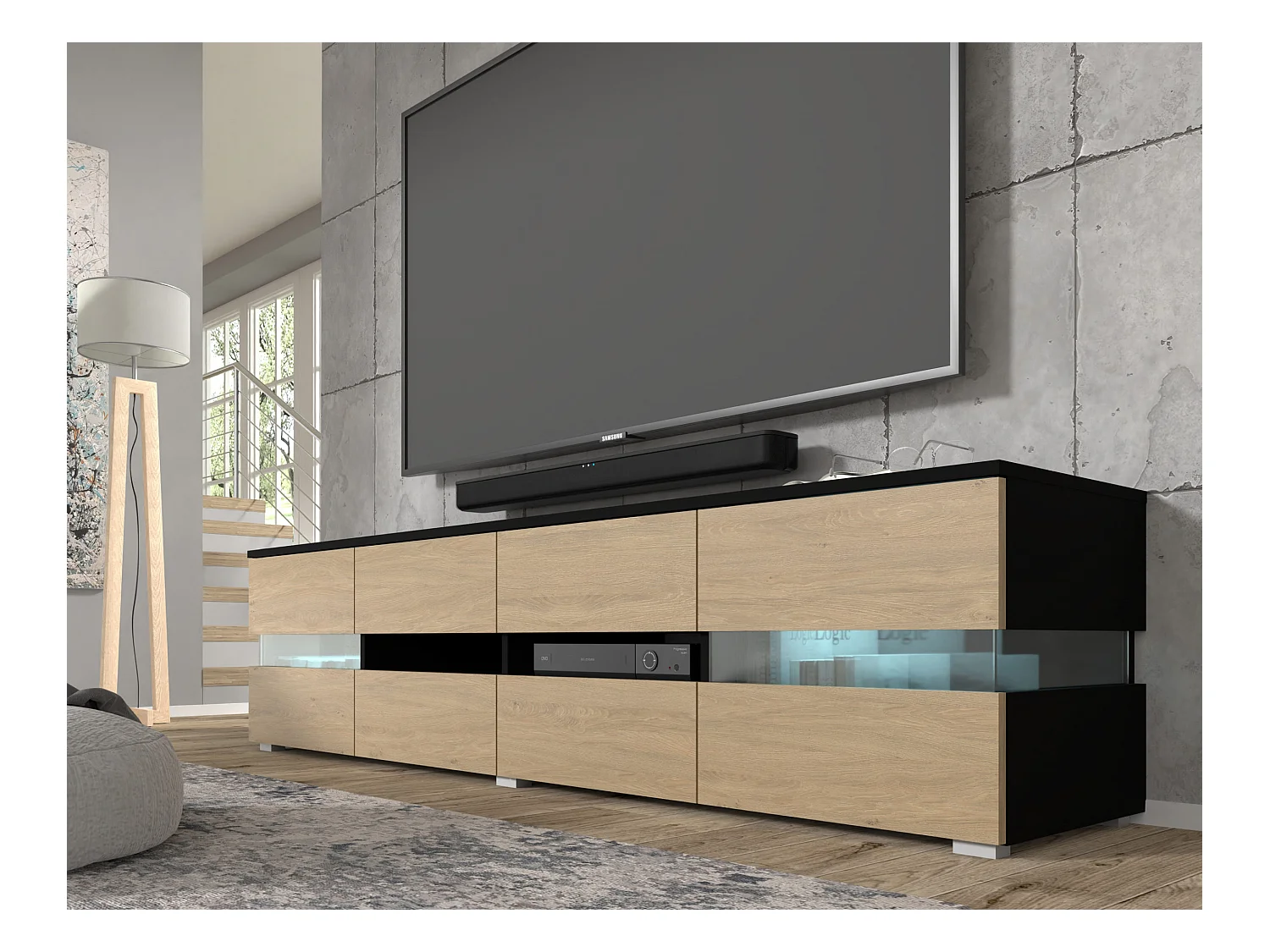 Meuble TV VIPER 186 cm panneau MDF noir mat / chêne stone + éclairage LED