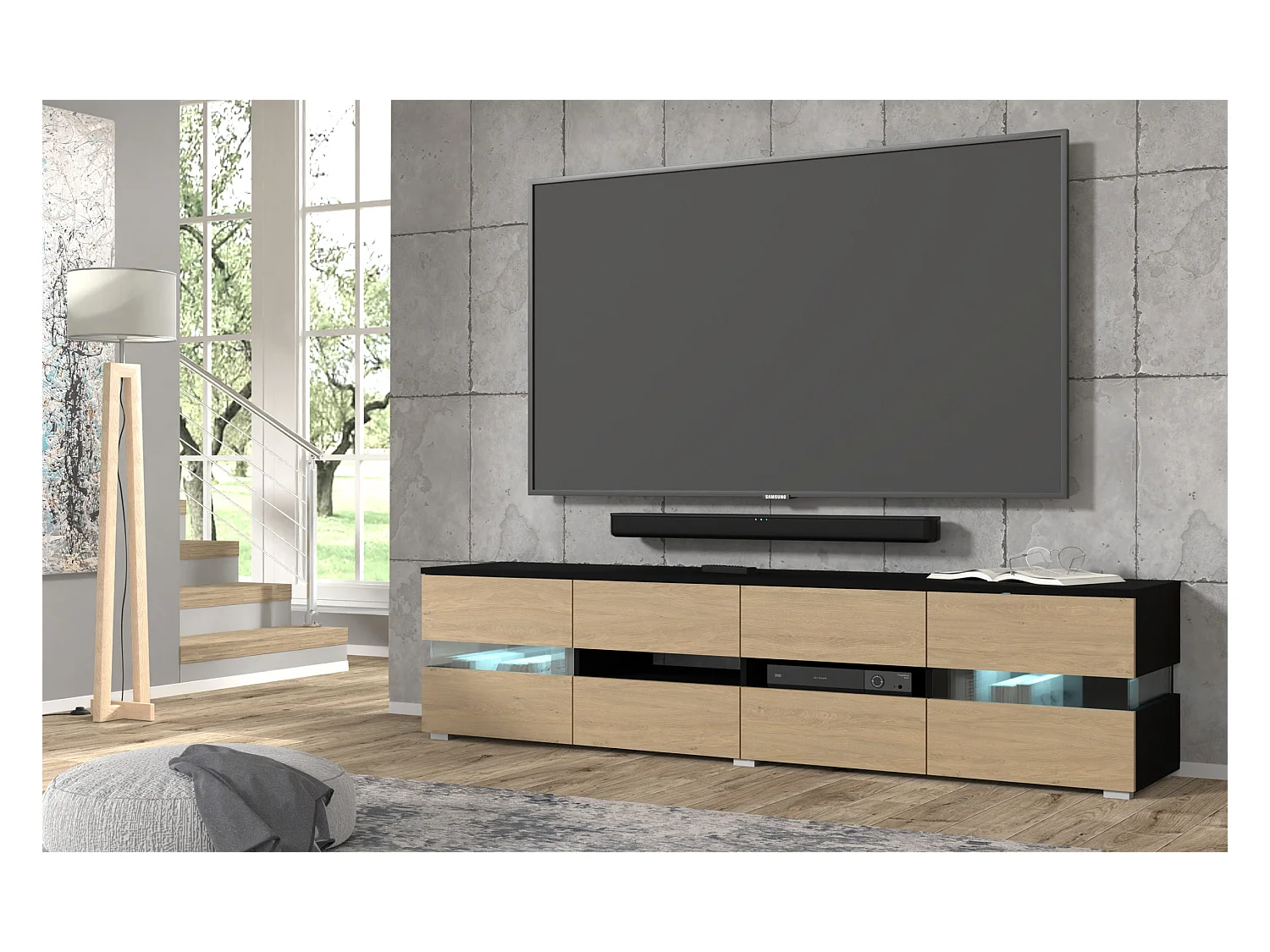 Meuble TV VIPER 186 cm panneau MDF noir mat / chêne stone + éclairage LED