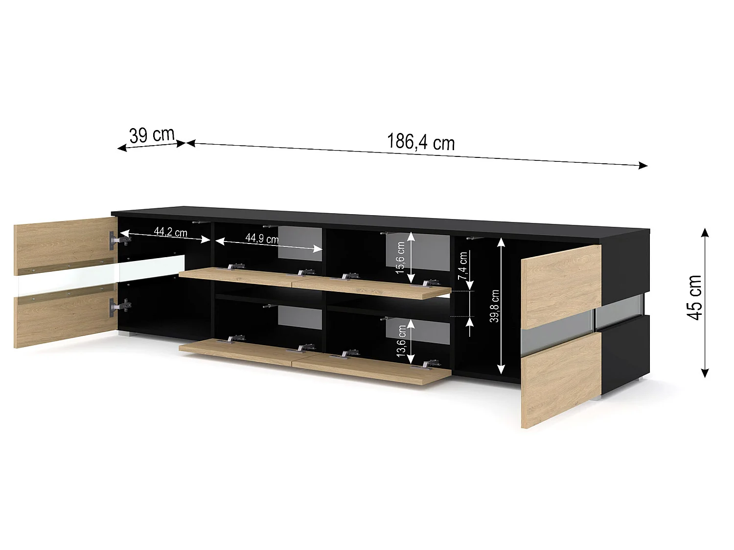 Mueble de TV VIPER 186 cm negro mate / roble stone + iluminación LED
