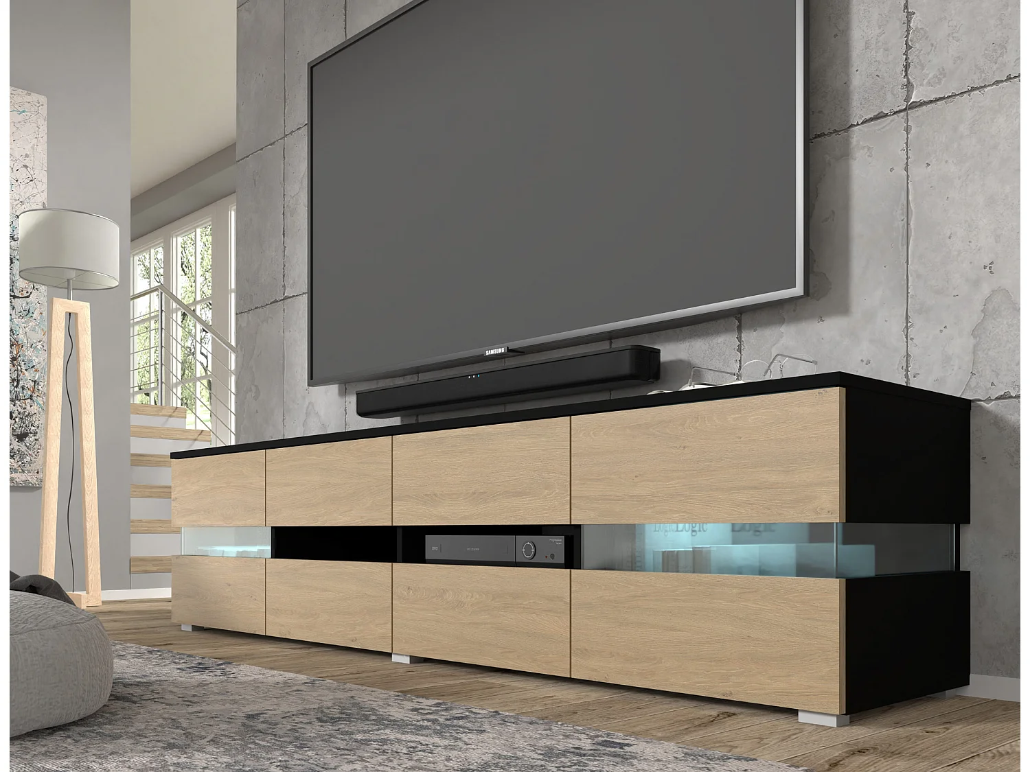 Mueble de TV VIPER 186 cm negro mate / roble stone + iluminación LED