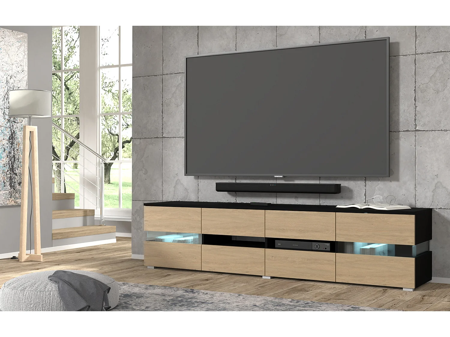 Mueble de TV VIPER 186 cm negro mate / roble stone + iluminación LED