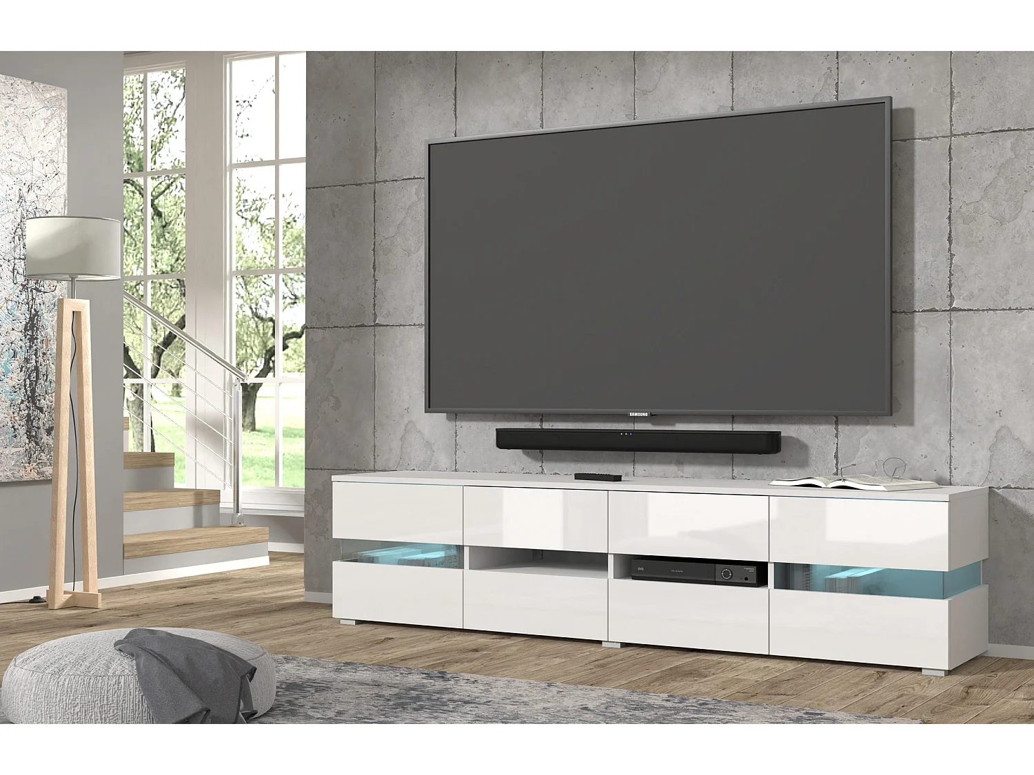TV-meubel VIPER 186 cm Mat Wit / Hoogglans Wit + LED-verlichting