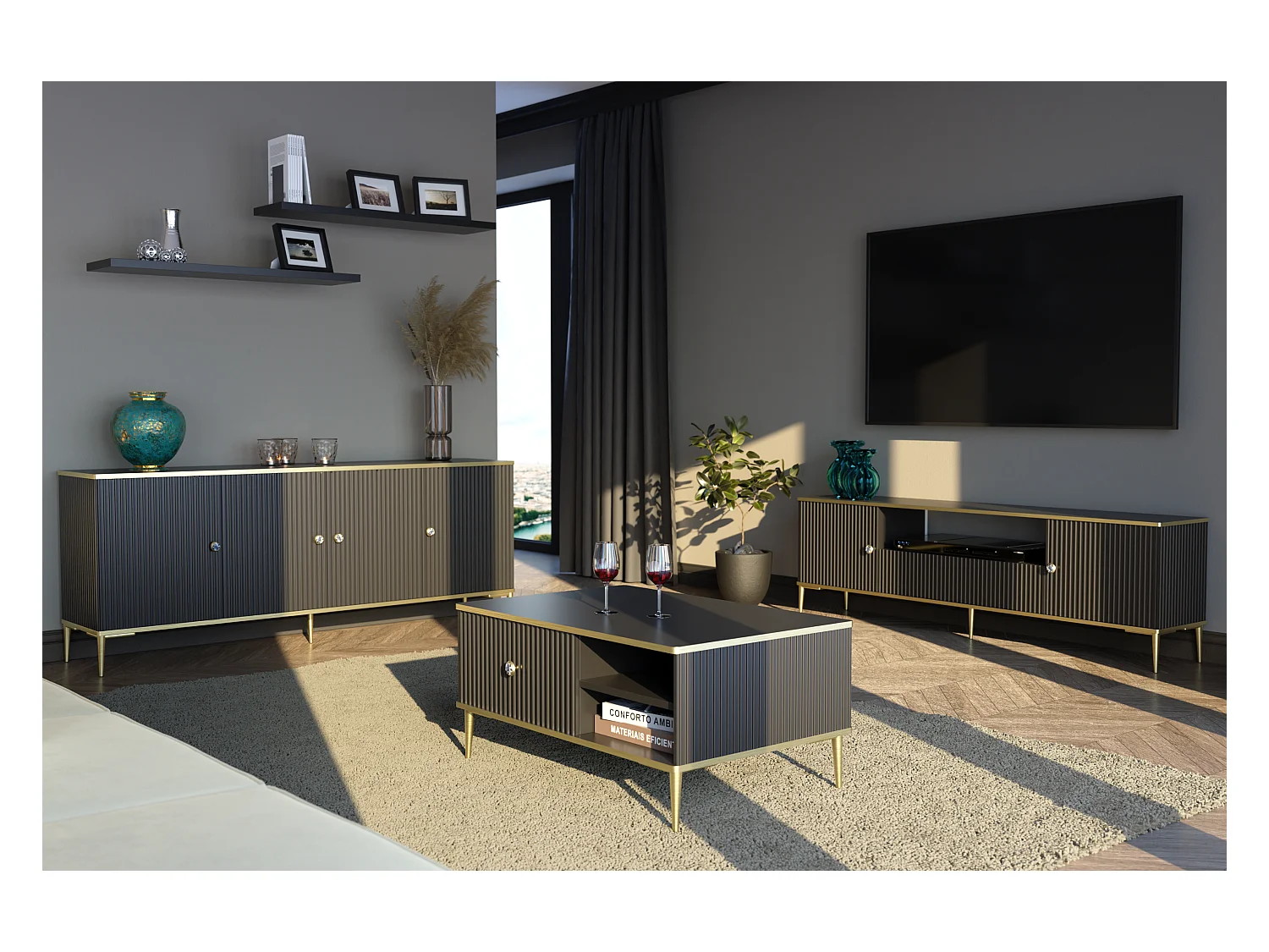 Mesa de centro PETRA 90x60 cm negro mate con patas doradas