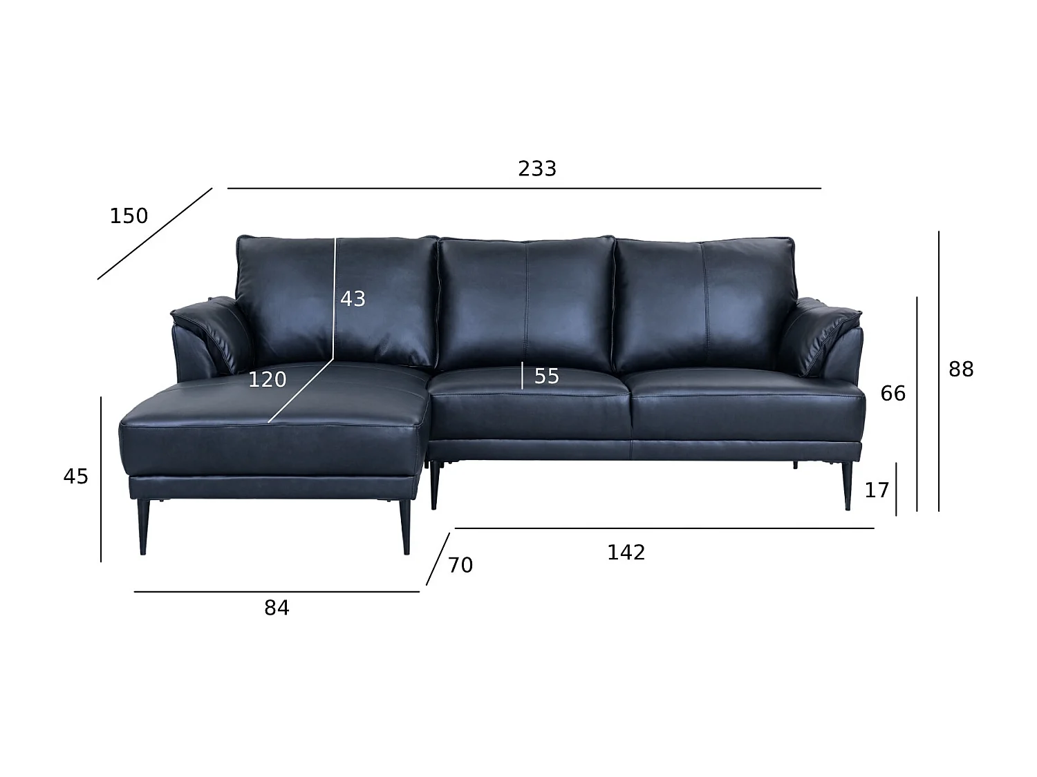 Ecksofa Left 3-Sitzer Soul - Echtleder - Schwarz