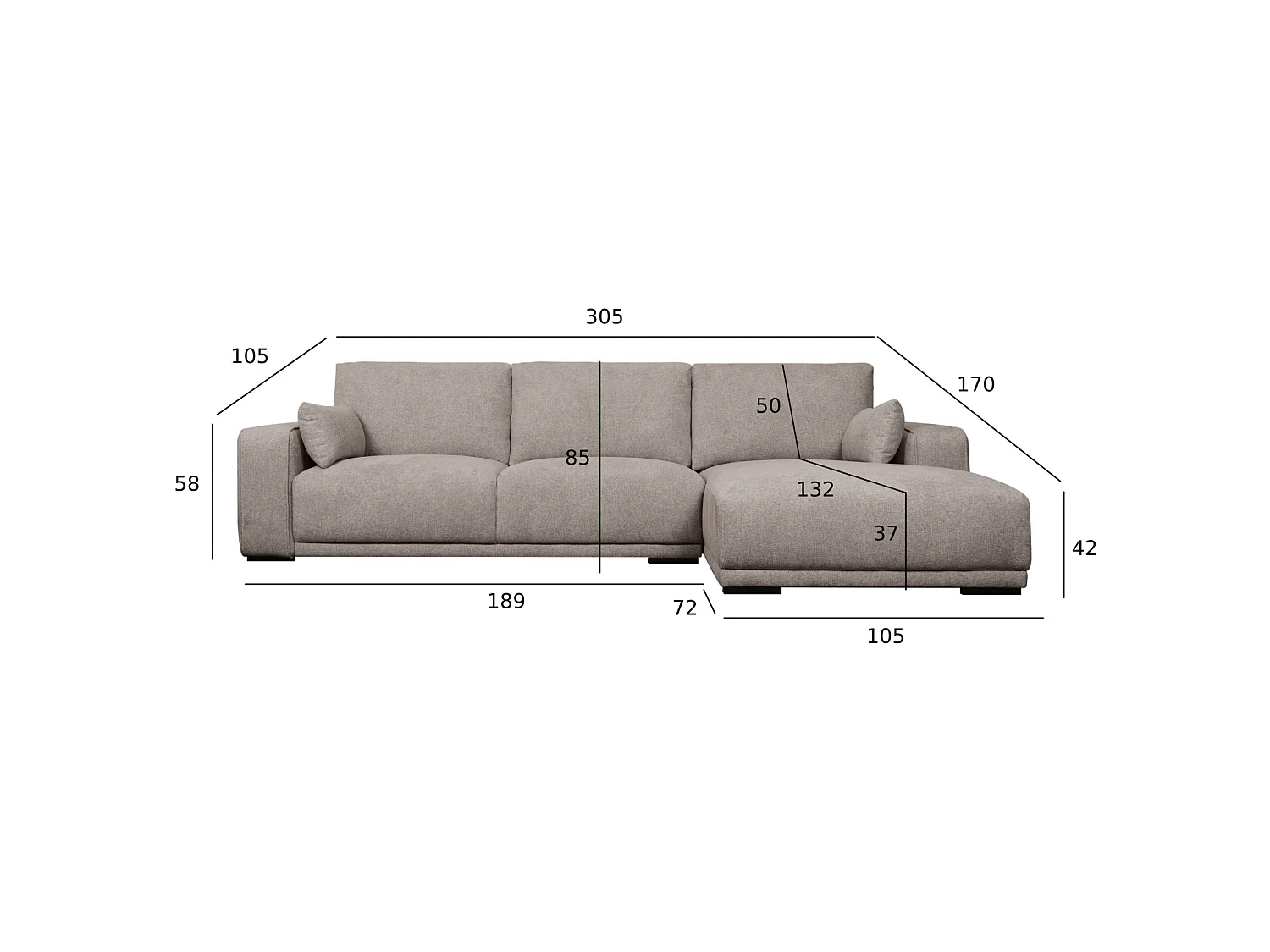 Canapé d'angle droite California - 3 places - Tissu - Beige
