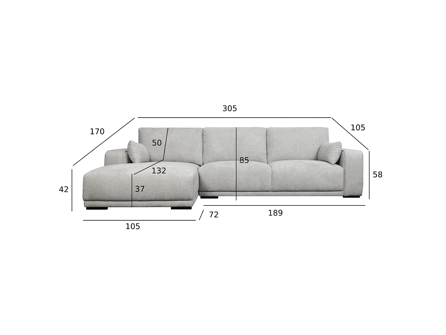 Canapé d'angle gauche California - 3 places - Tissu - Gris