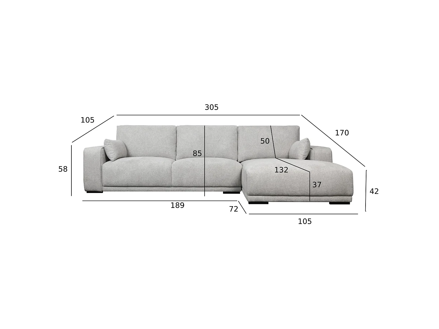 Canapé d'angle droite California - 3 places - Tissu - Gris
