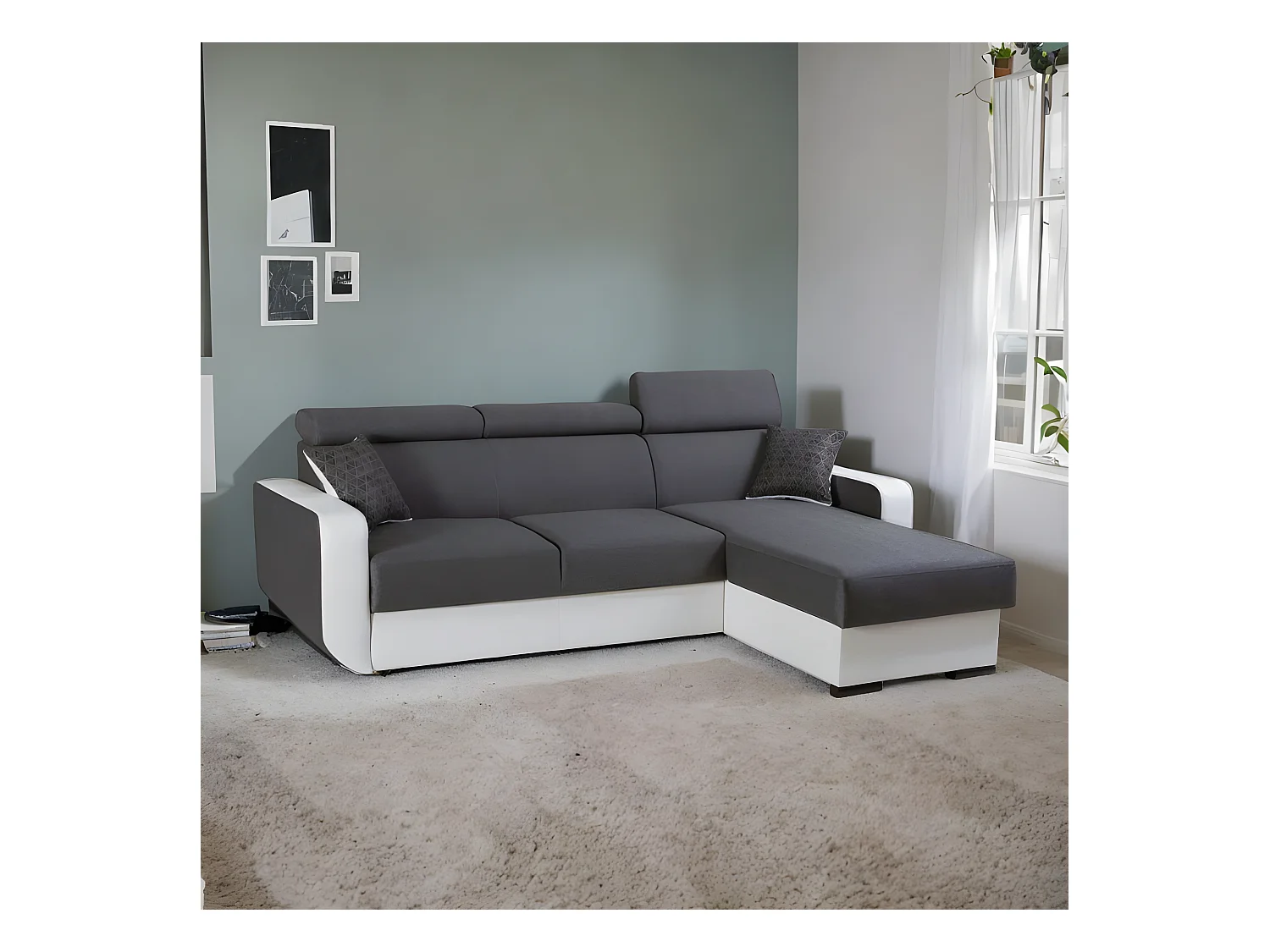 Canapé d'angle convertible et réversible EMPERO L gris et blanc