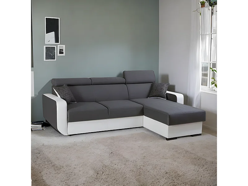Canapé d'angle convertible et réversible EMPERO L gris et blanc
