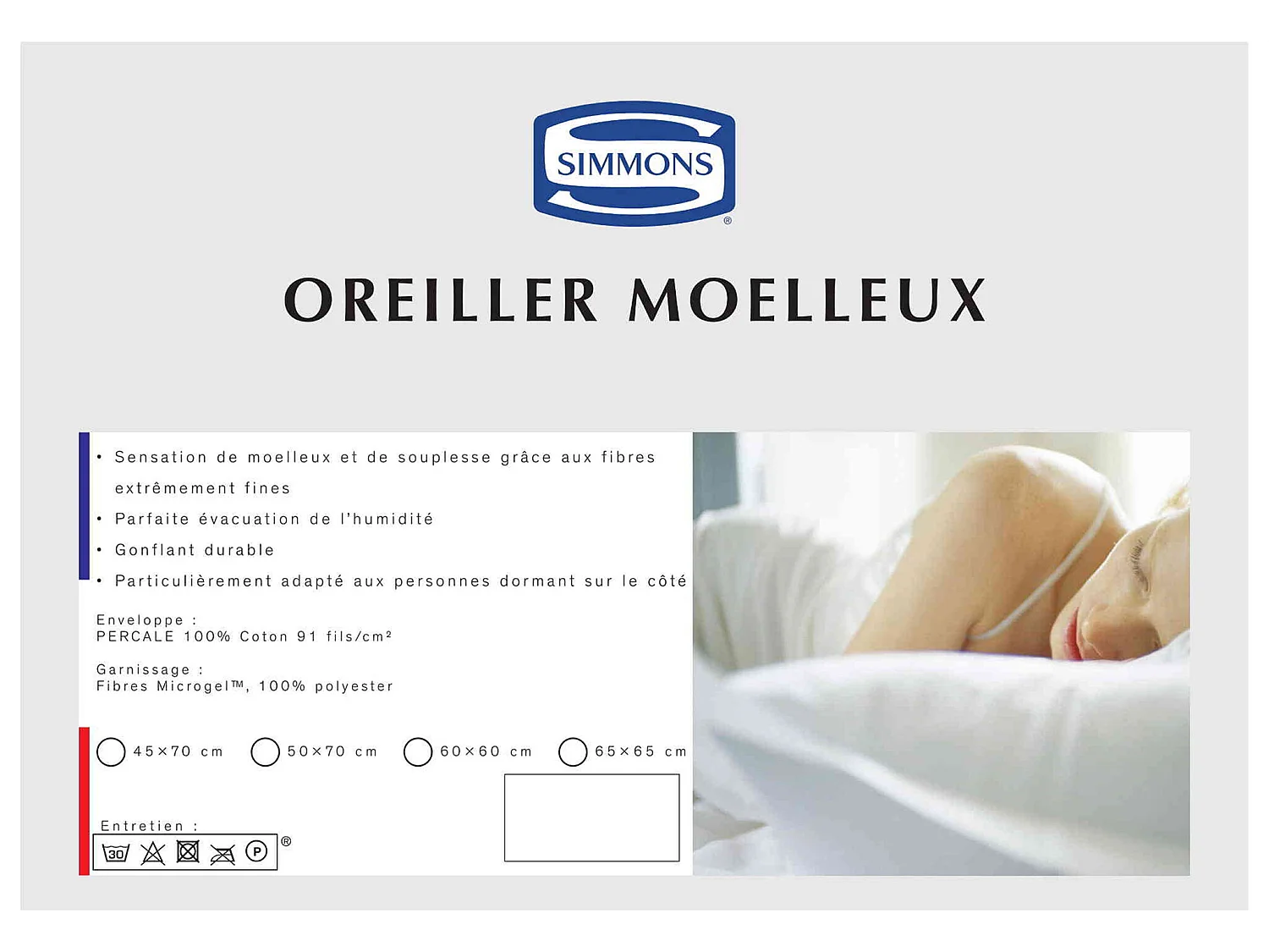 Lot de 2 oreillers Microgel Moelleux percale Simmons 65x65