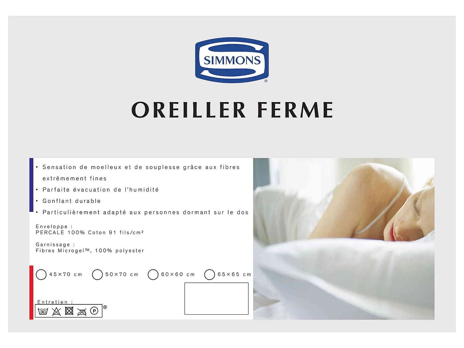 Oreiller Microgel Ferme percale Simmons 45x70 cm