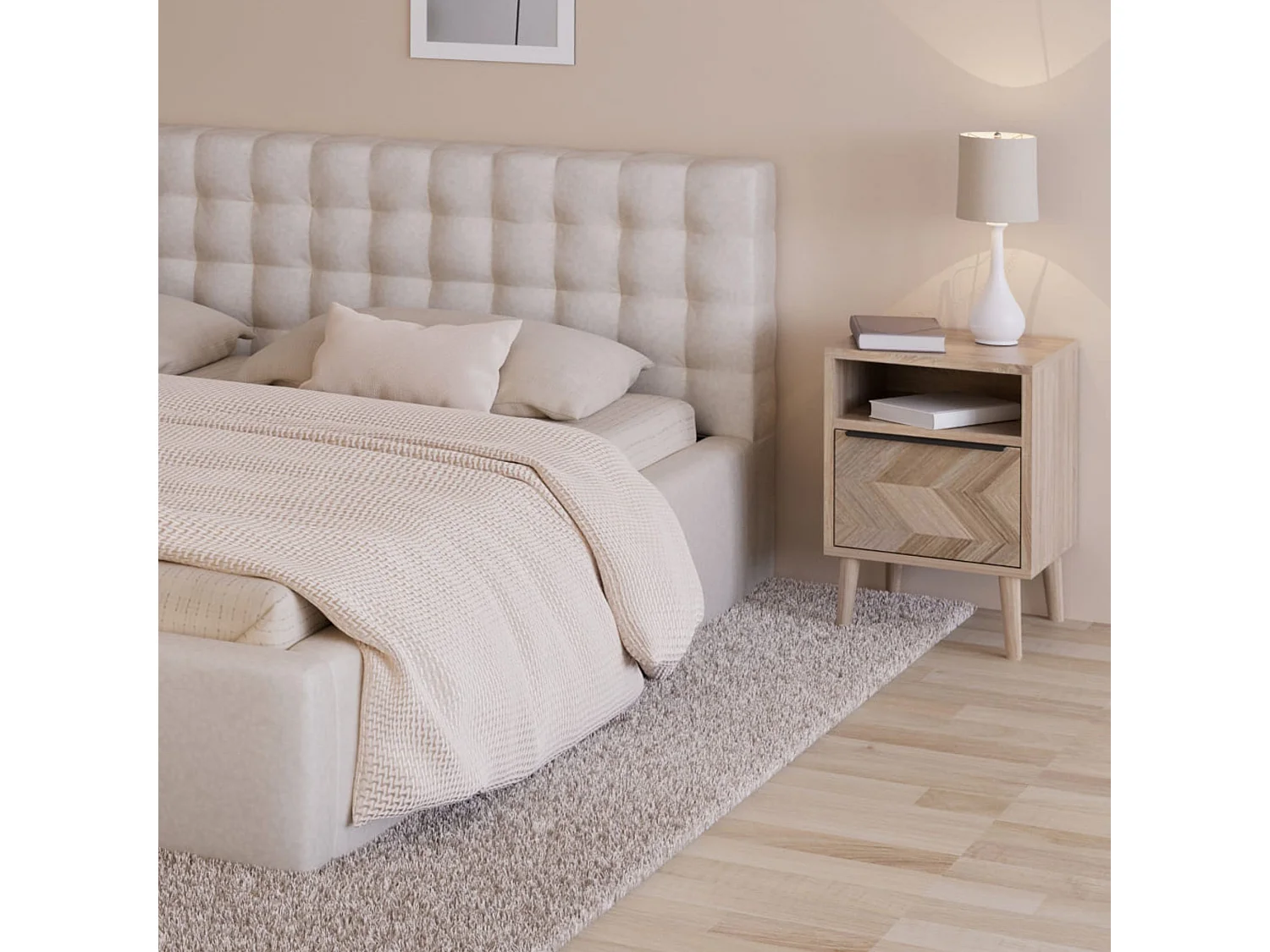 Table de chevet naturel 1 tiroir effet chevron avec pieds en bois massif - CH70104