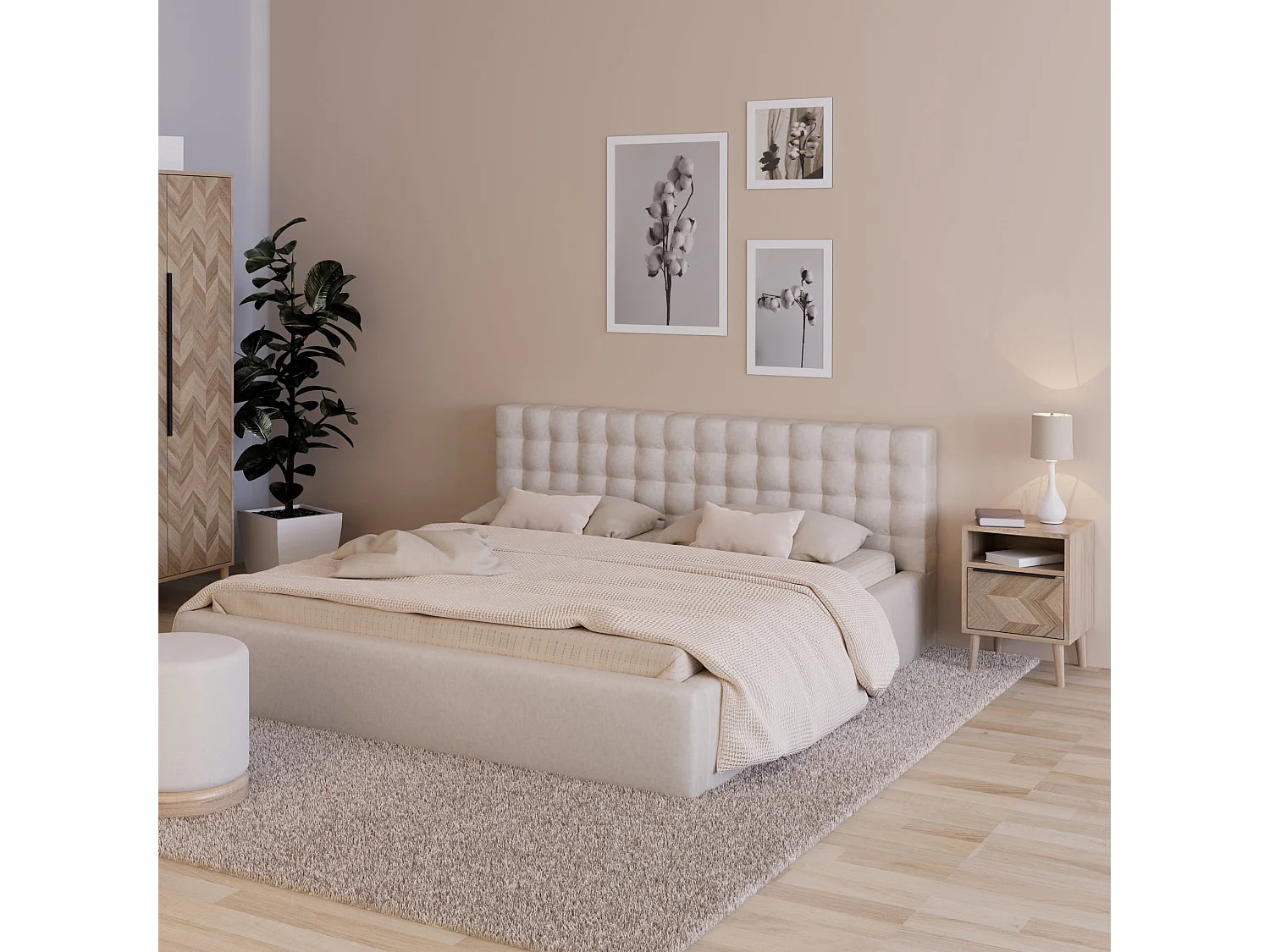 Table de chevet naturel 1 tiroir effet chevron avec pieds en bois massif - CH70104