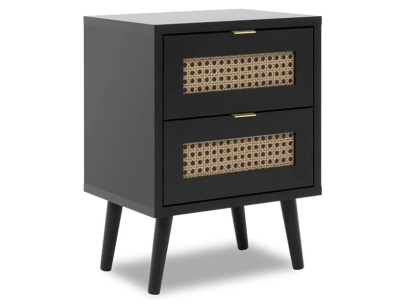 Chevet 2 tiroirs en bois noir impression cannage - CH7072