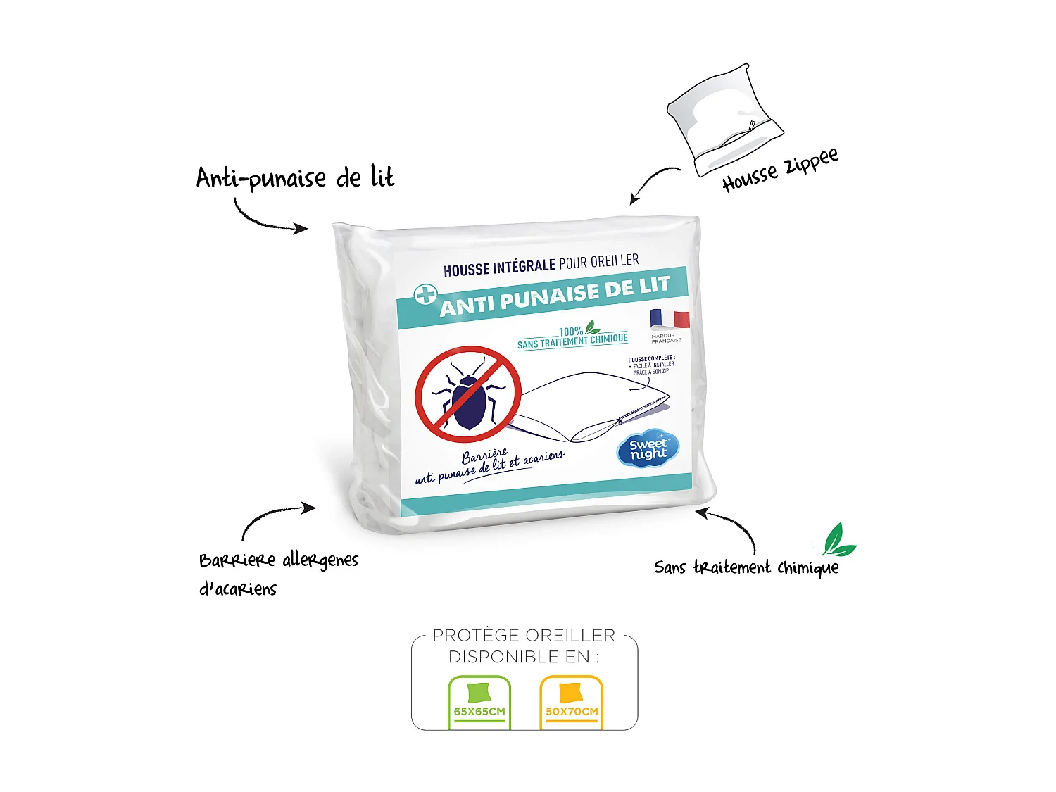 Protège oreiller anti-acariens et anti-punaises sans traitement 65x65