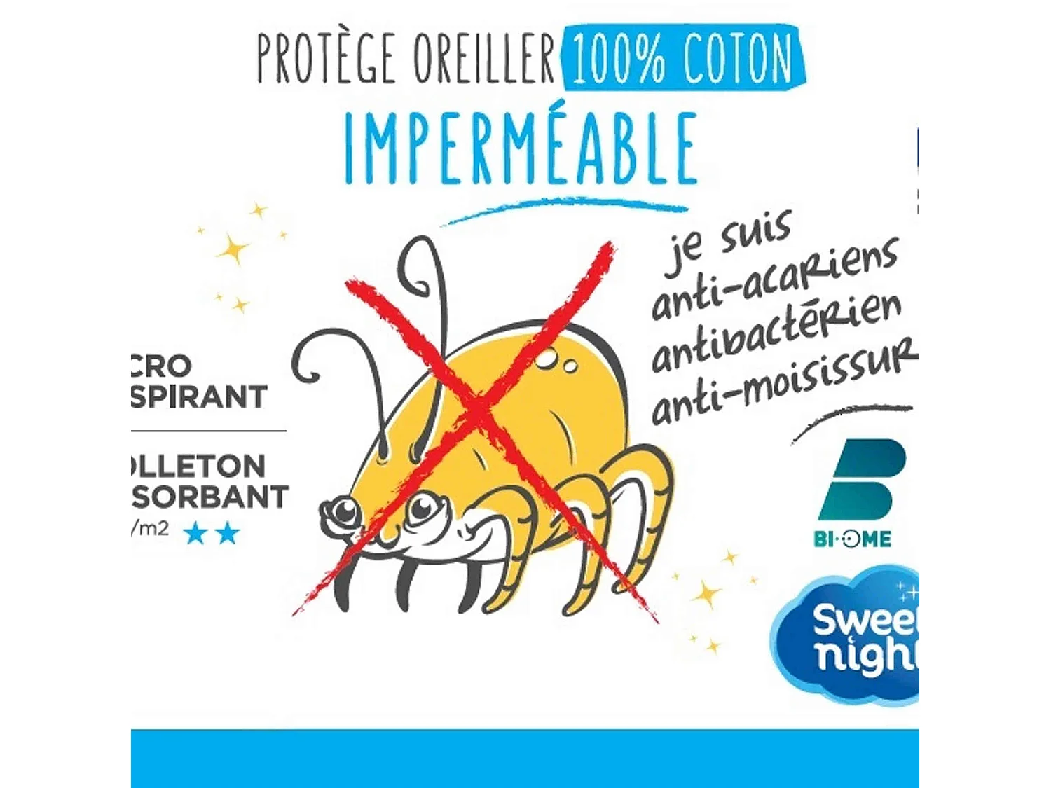 Protège oreiller anti-acariens imperméable molleton 100% coton 50x70