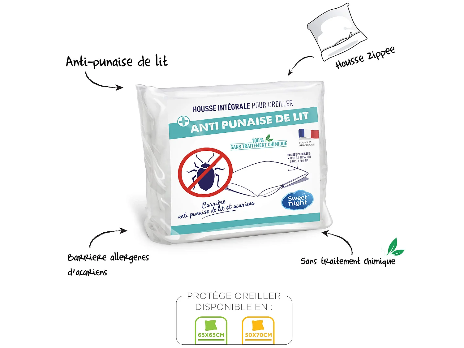 Lot de 2 protège oreillers anti-acariens et anti-punaises sans traitement 65x65