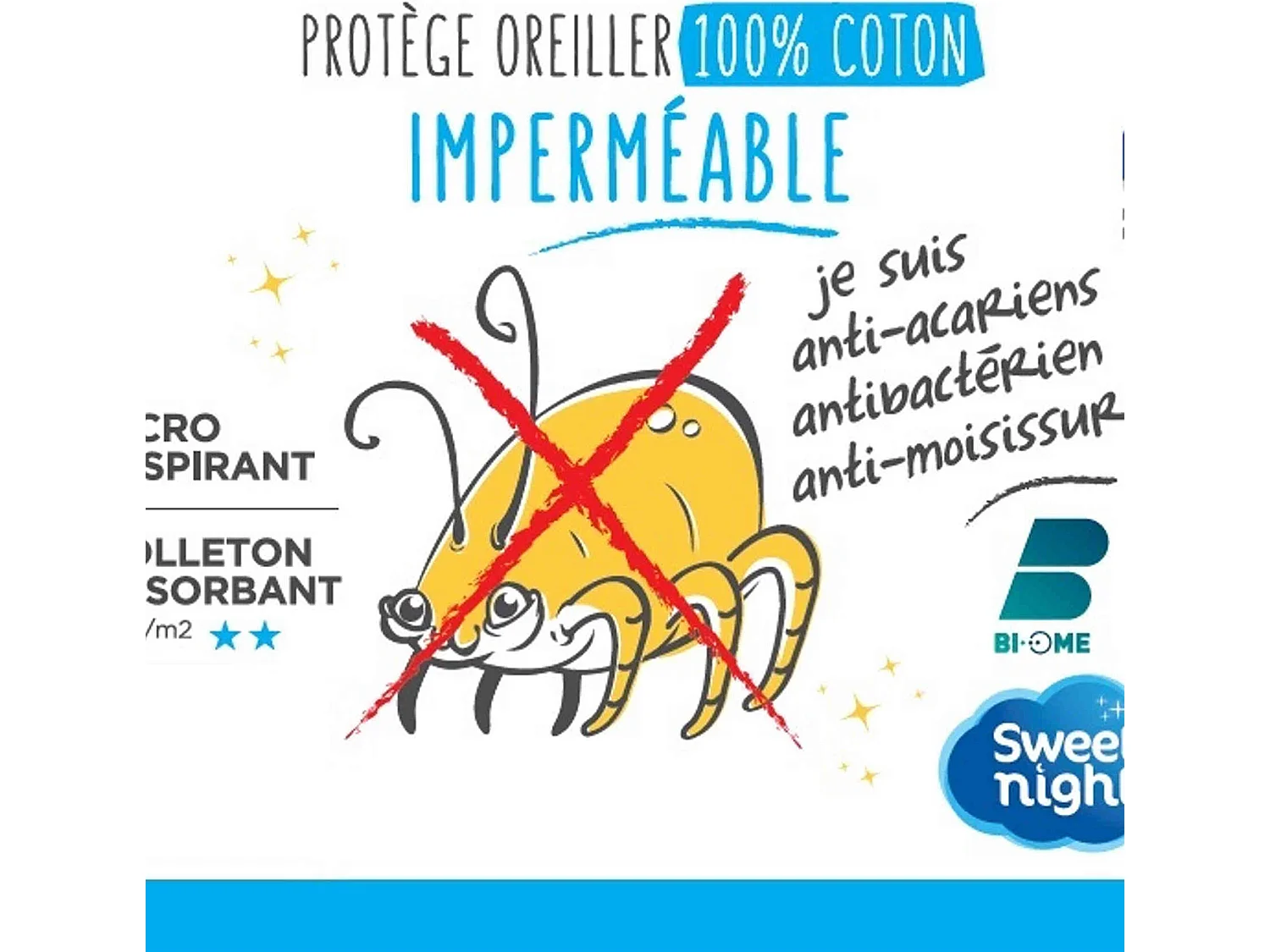 Lot de 2 protège oreillers anti-acariens imperméables molleton 100% coton 50x70