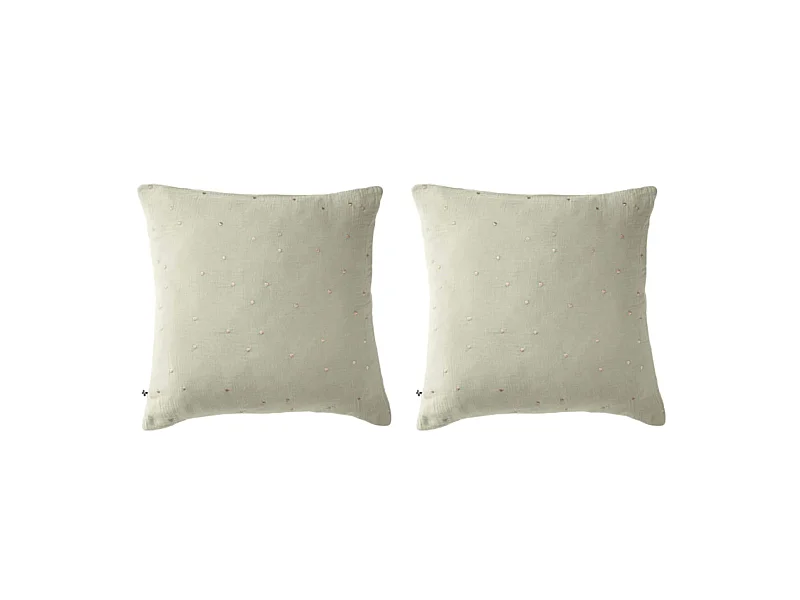 Lot de 2 taies d'oreillers à pois brodés double gaze de coton vert d'eau 60x60