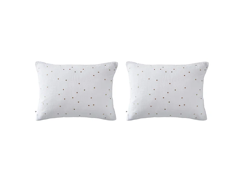 Lot de 2 taies d'oreillers à pois brodés double gaze de coton blanc 50x70