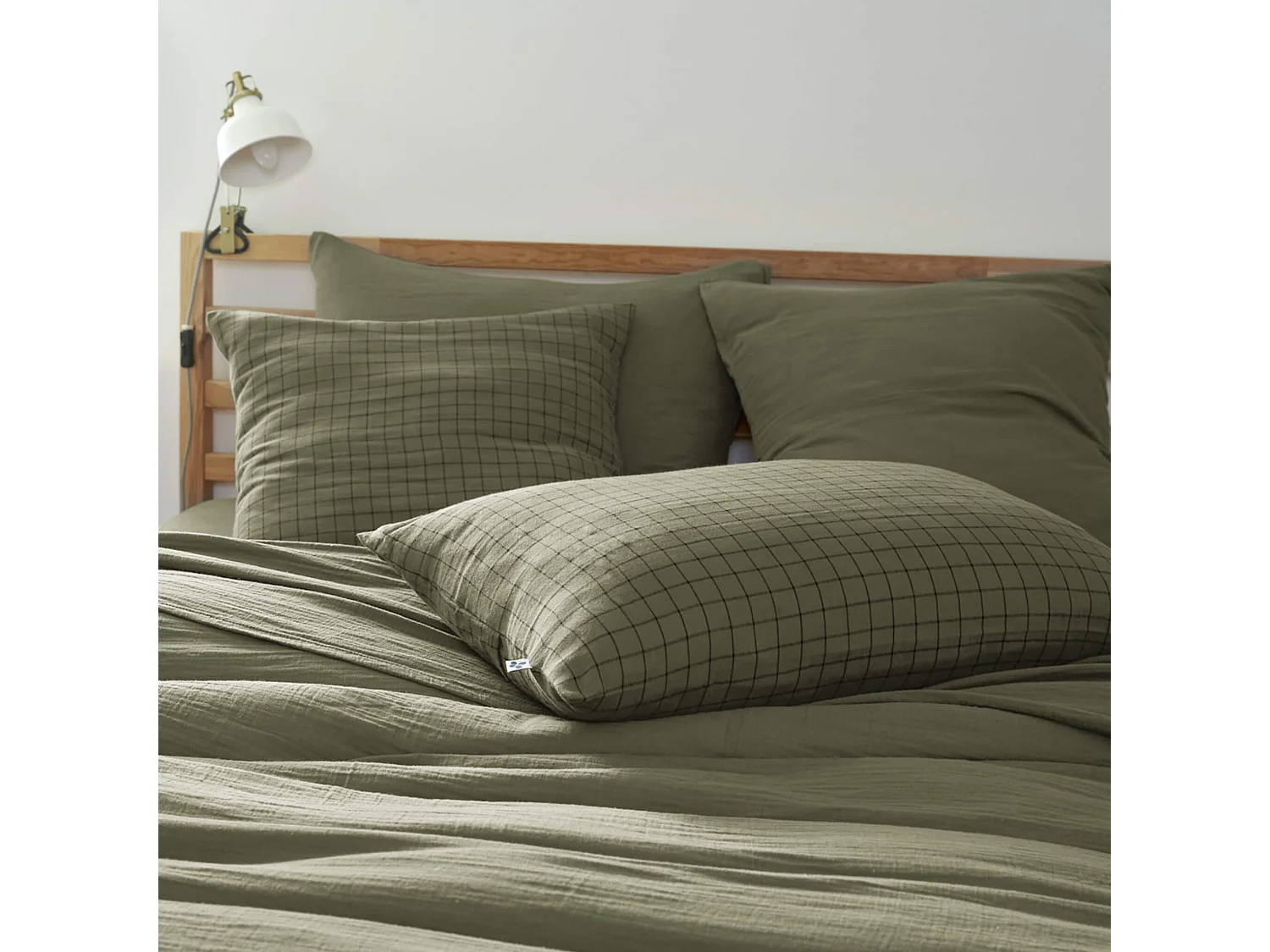 Taie d'oreiller à carreaux double gaze de coton kaki 60x60