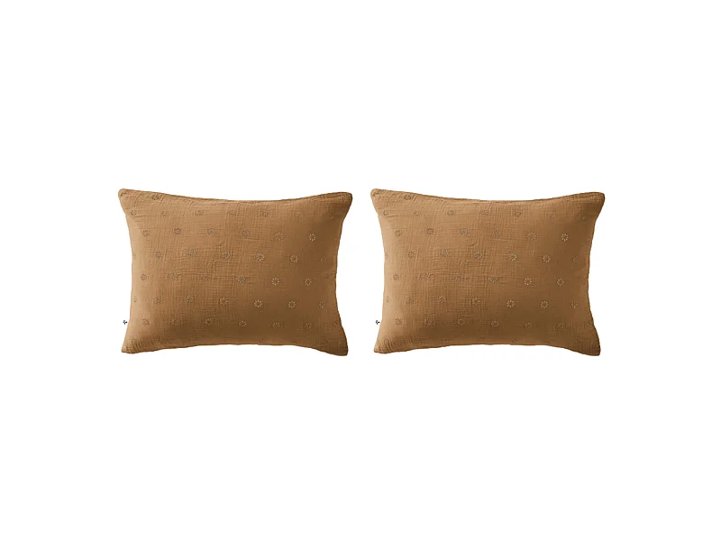 Lot de 2 taies d'oreillers brodées double gaze de coton marron 50x70