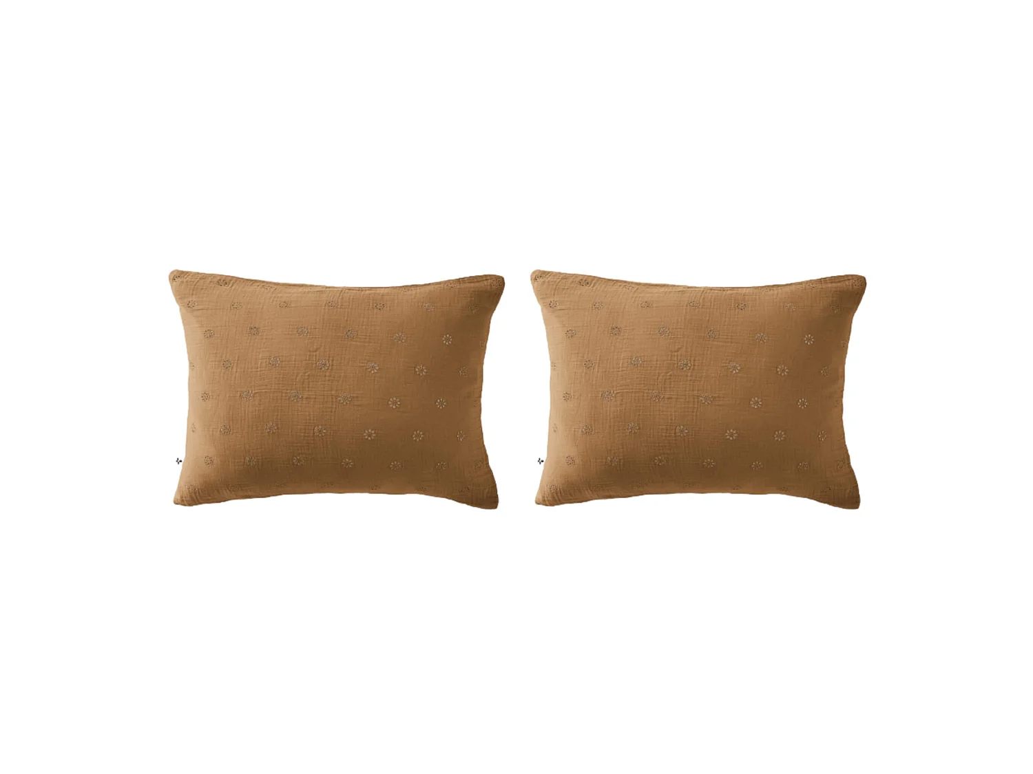 Lot de 2 taies d'oreillers brodées double gaze de coton marron 50x70