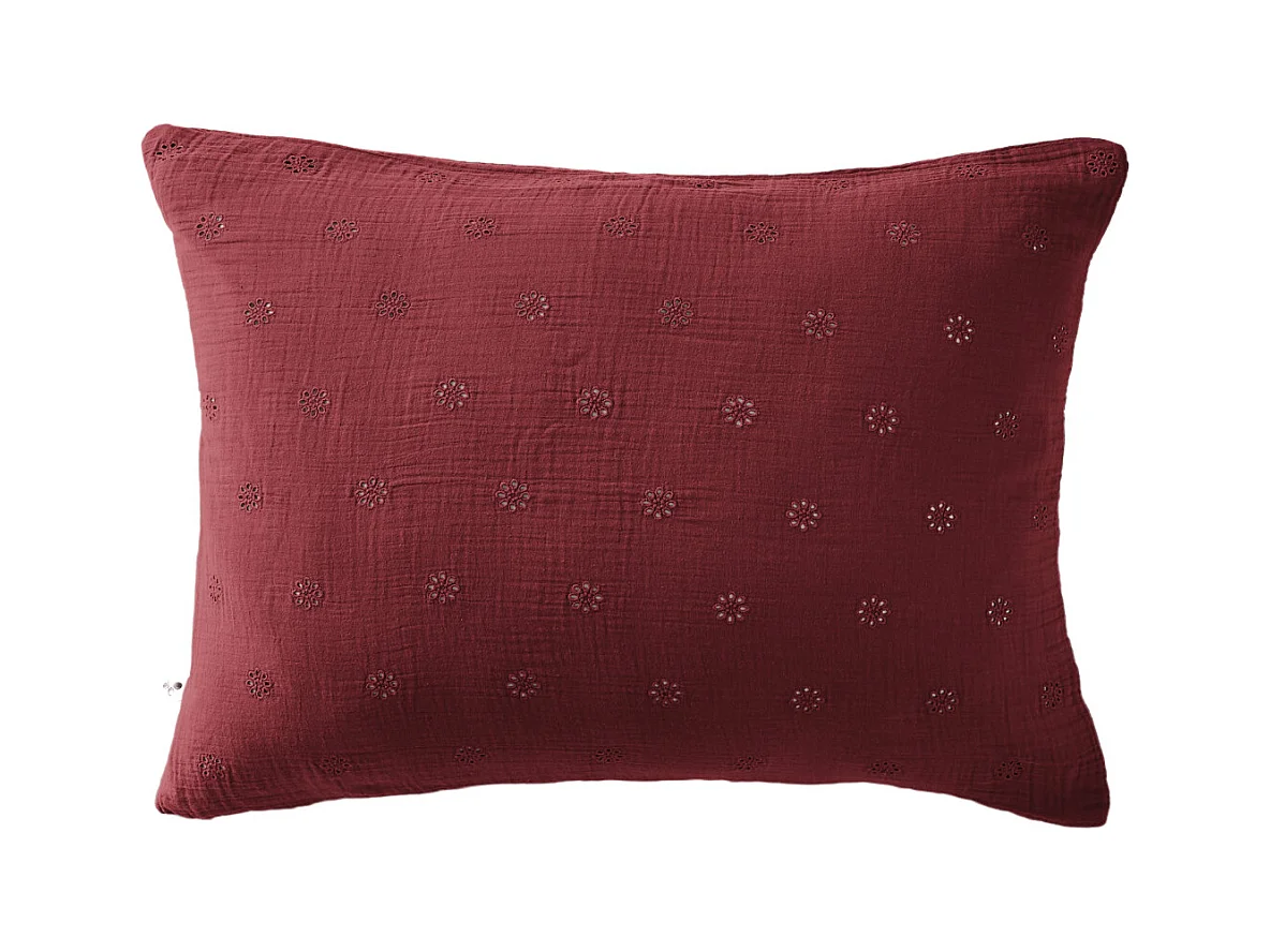 Taie d'oreiller brodée double gaze de coton bordeaux 50x70 cm