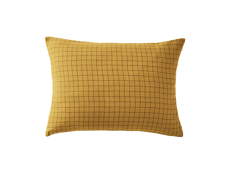 Taie d'oreiller à carreaux double gaze de coton jaune 50x70