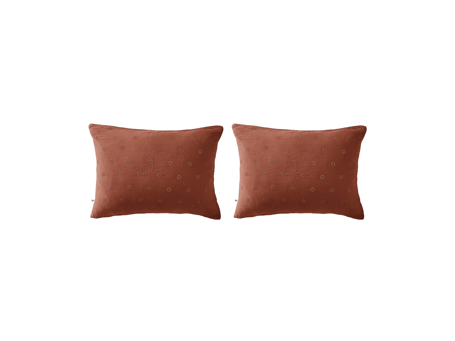 Lot de 2 taies d'oreillers brodées double gaze de coton orange terracotta  50x70