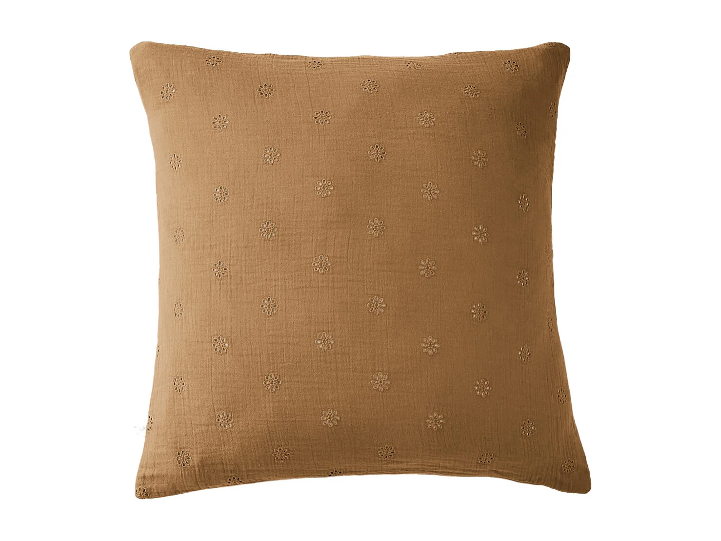 Taie d'oreiller brodée double gaze de coton marron 60x60 cm
