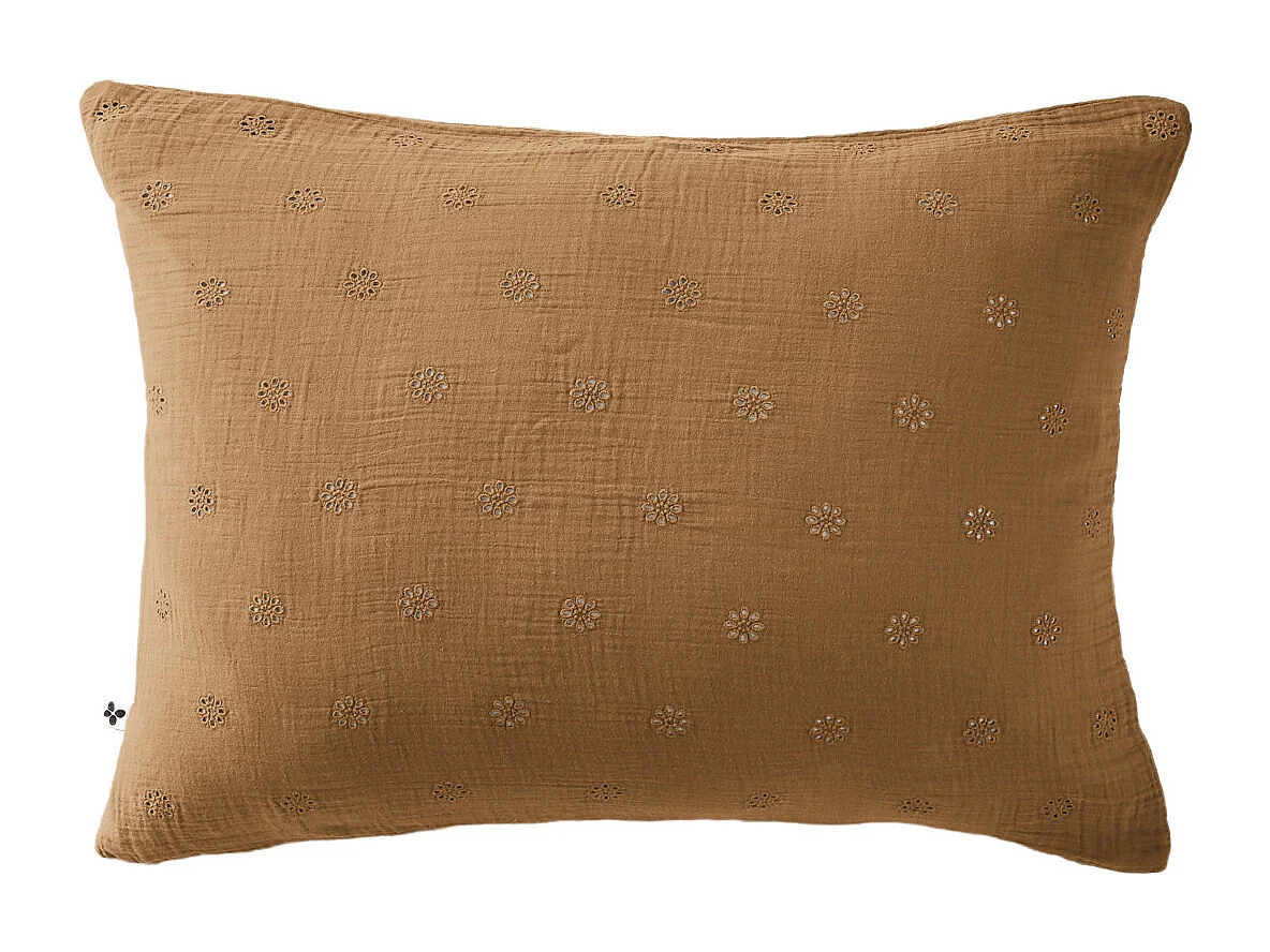Taie d'oreiller brodée double gaze de coton marron 60x60 cm