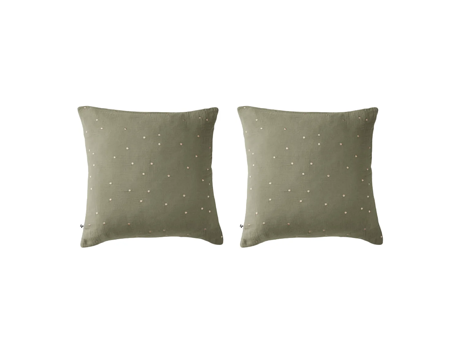 Lot de 2 taies d'oreillers à pois brodés double gaze de coton kaki 60x60