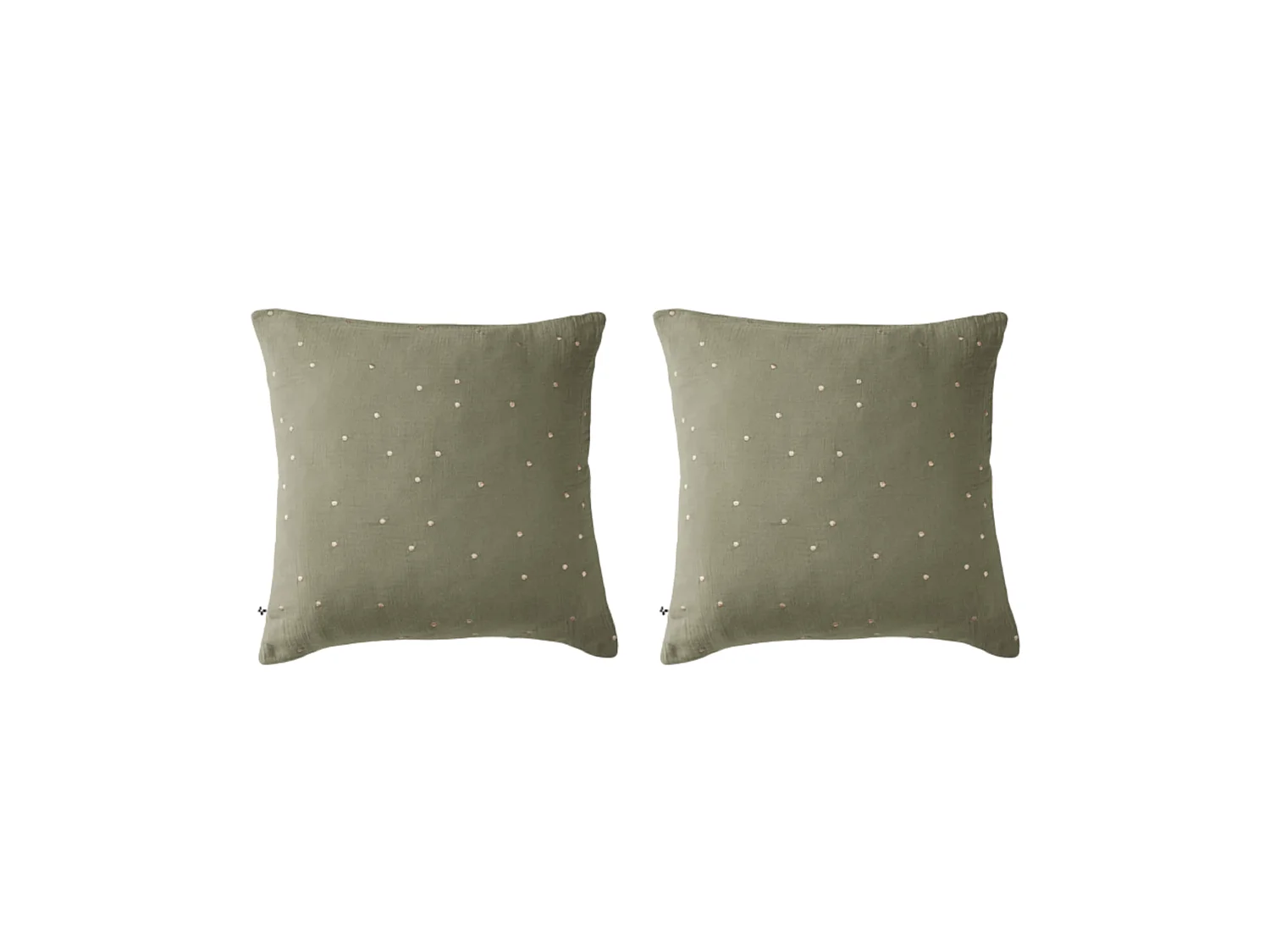 Lot de 2 taies d'oreillers à pois brodés double gaze de coton kaki 60x60