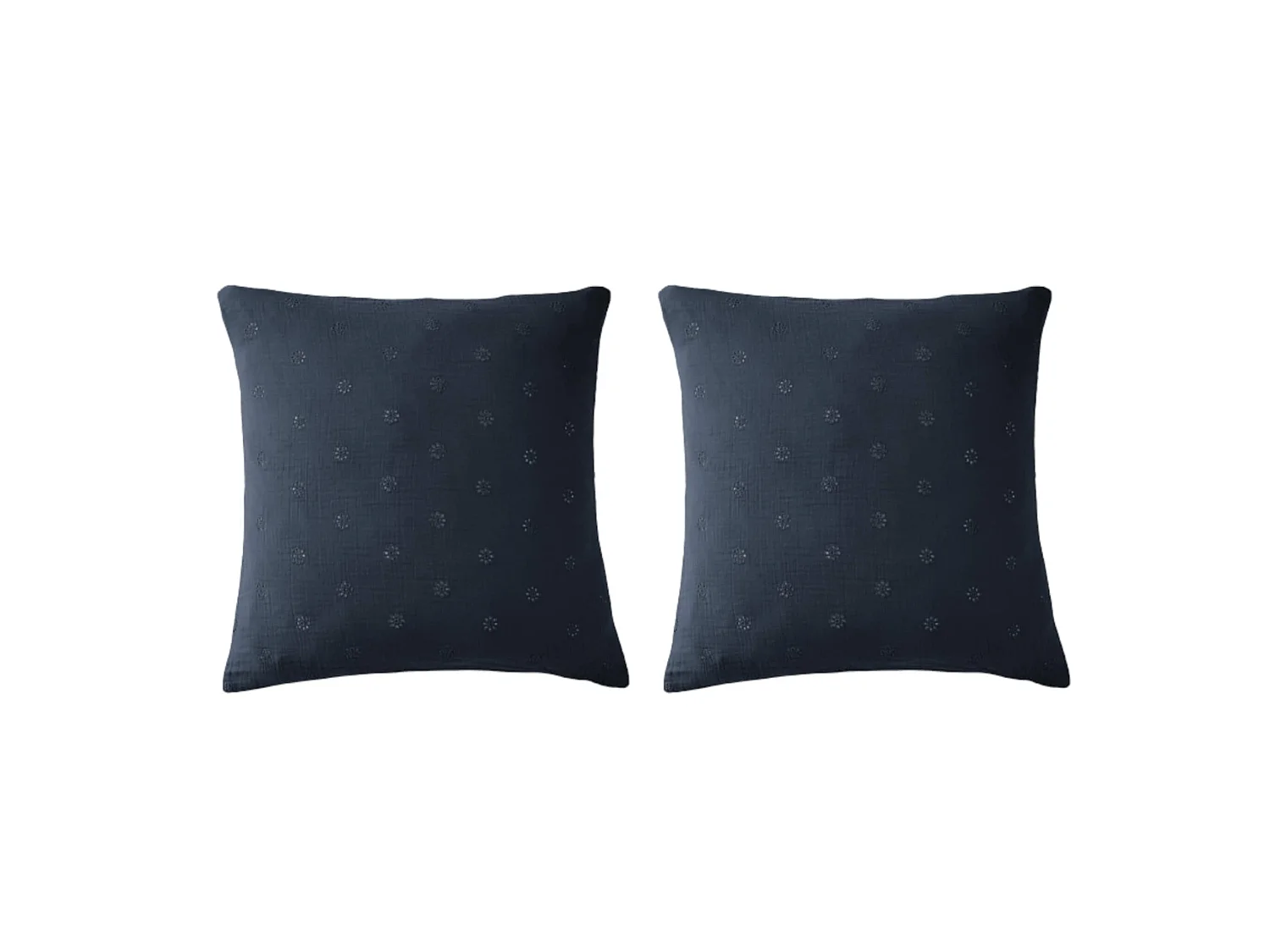 Lot de 2 taies d'oreillers brodées double gaze de coton marine 60x60