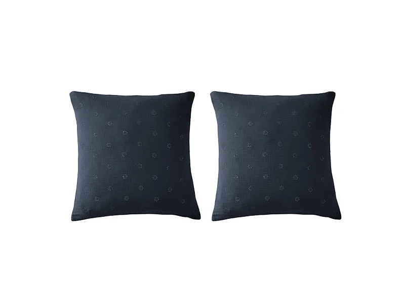Lot de 2 taies d'oreillers brodées double gaze de coton marine 60x60