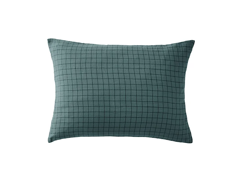 Taie d'oreiller à carreaux double gaze de coton bleu canard 50x70