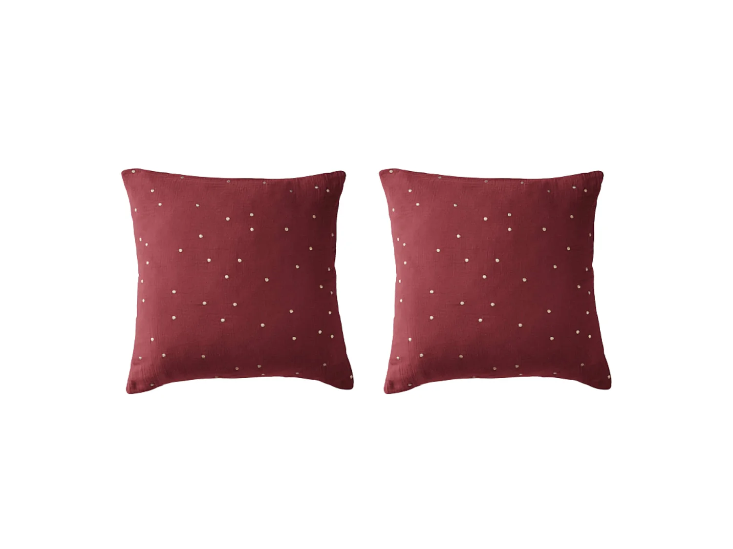 Lot de 2 taies d'oreillers à pois brodés double gaze de coton bordeaux 60x60